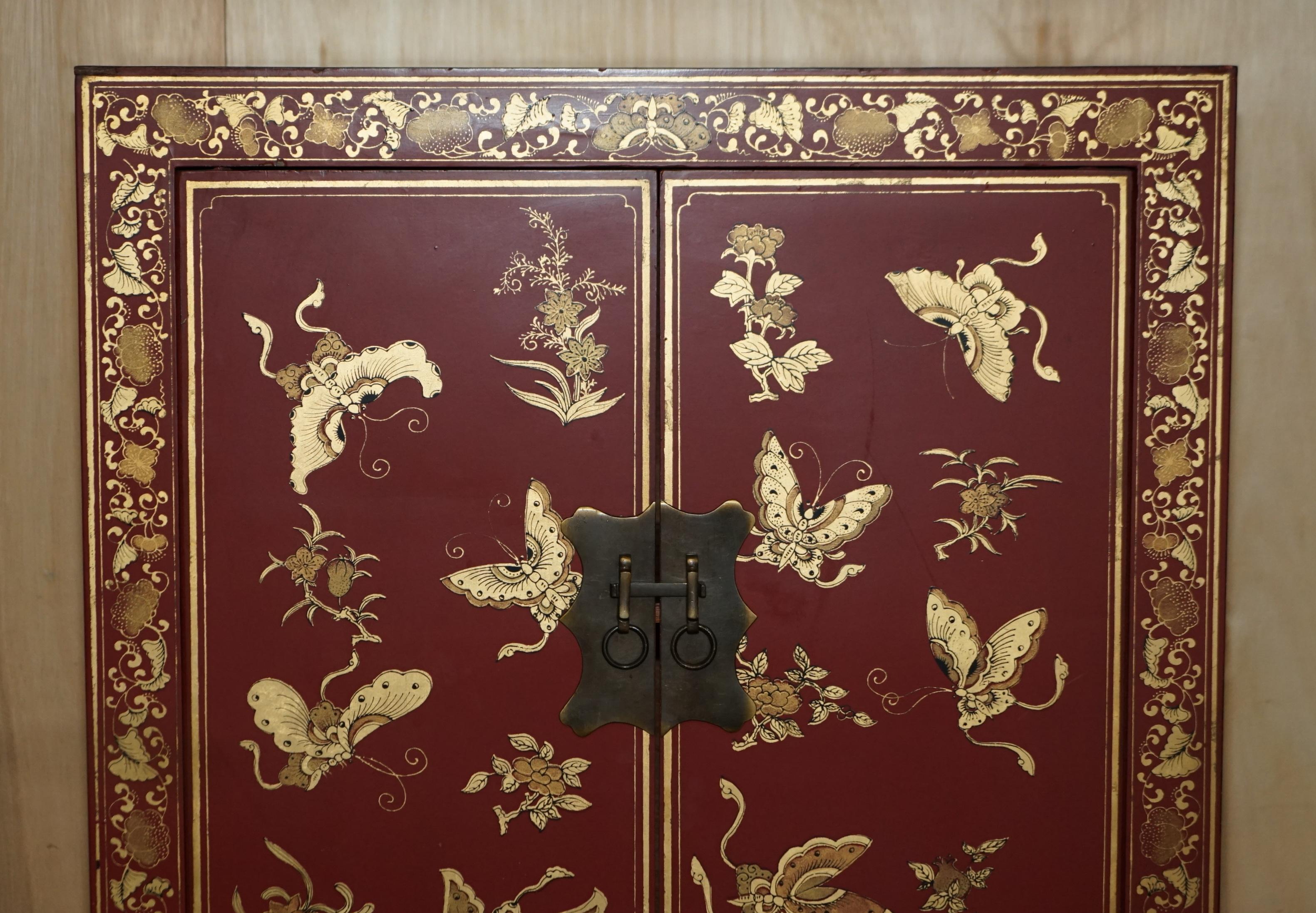 Chinese Export Fine Antique Chinese Butterfly Hand Painted Lacquered Large Side Table Cupboard For Sale