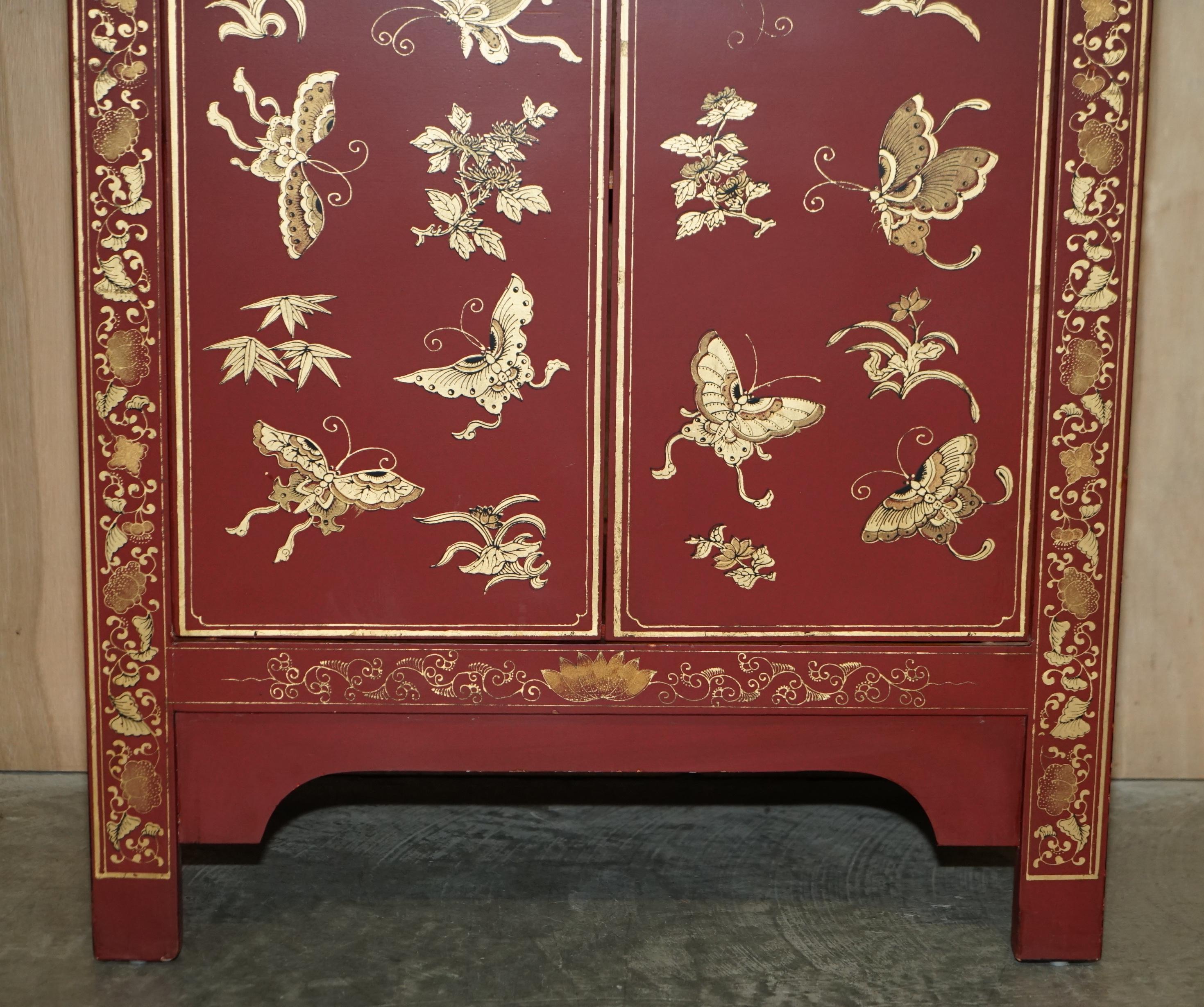 Early 20th Century Fine Antique Chinese Butterfly Hand Painted Lacquered Large Side Table Cupboard For Sale