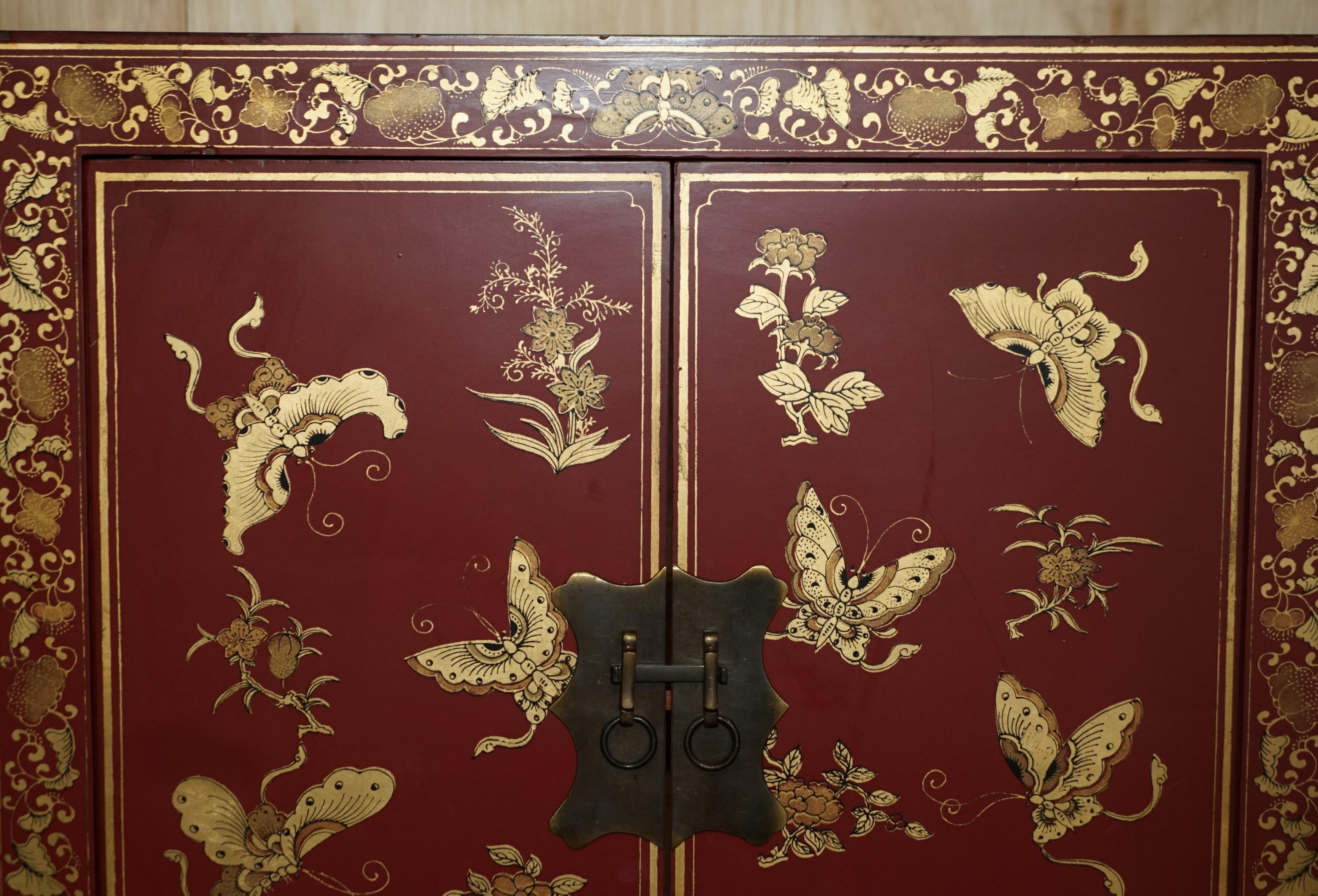 Fine Antique Chinese Butterfly Hand Painted Lacquered Large Side Table Cupboard For Sale 4