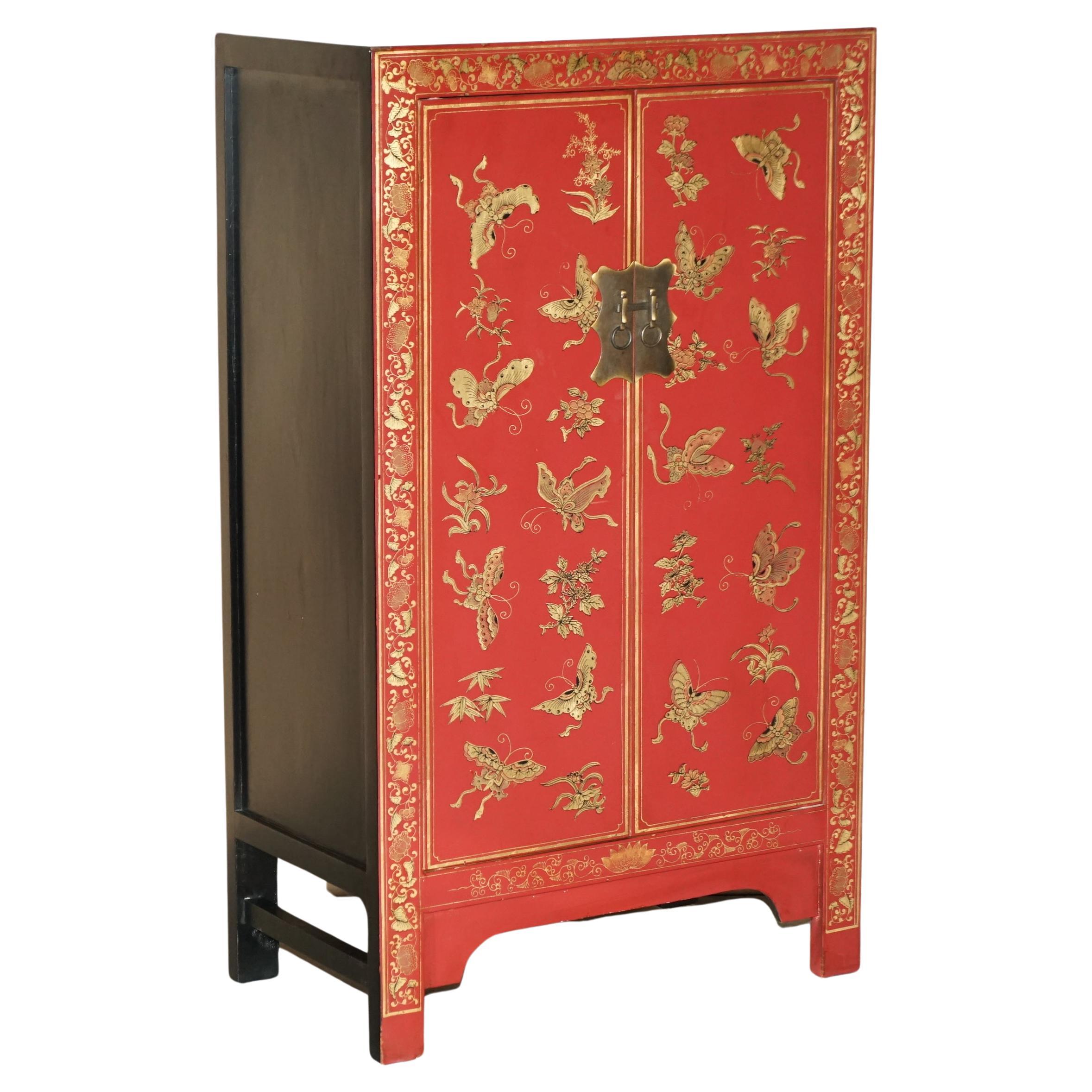 Fine Antique Chinese Butterfly Hand Painted Lacquered Large Side Table Cupboard For Sale