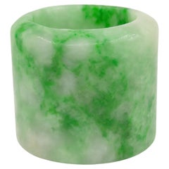 Fine Used Chinese Carved A-Grade Mottled Green Jadeite Archers Thumb Ring