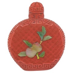 Fine Antique Chinese Carved Cinnabar Applied Gemstones Snuff Bottle R.O.C. 20c
