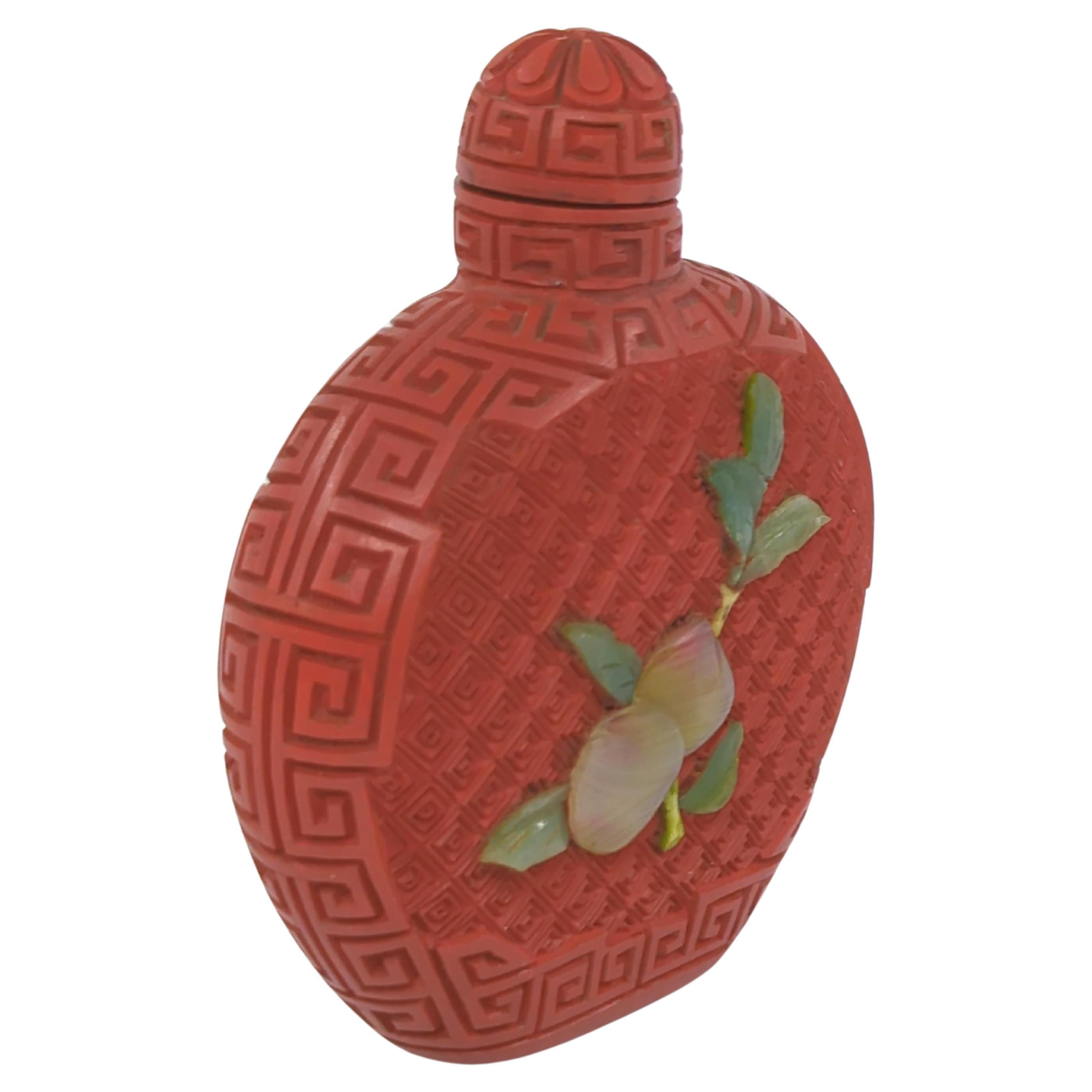 Qing Fine Antique Chinese Carved Cinnabar Applied Gemstones Snuff Bottle R.O.C. 20c For Sale