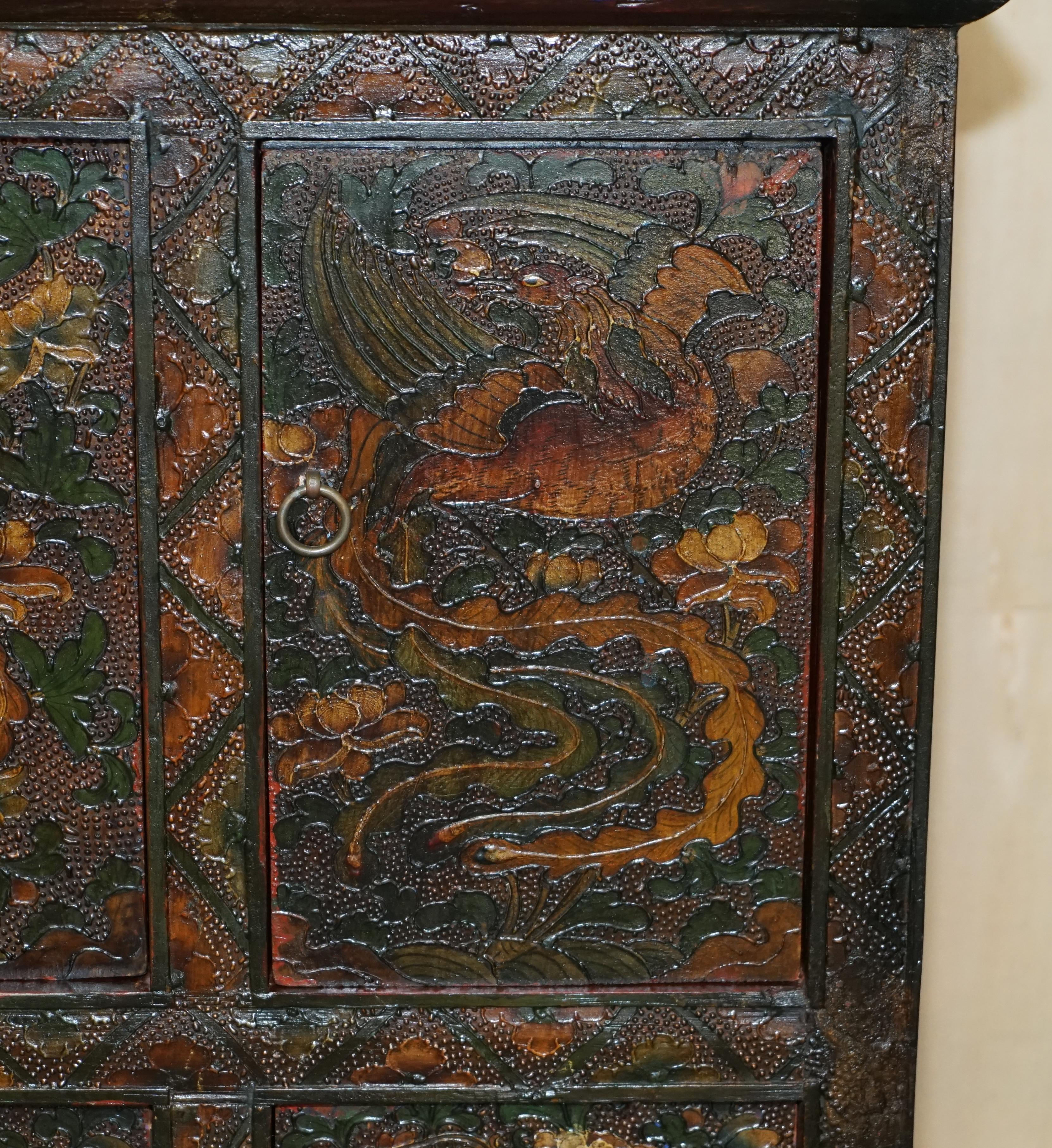 Fine Antique Chinese Dragon Tibetan Polychrome Painted Altar Cabinet Sideboard For Sale 1