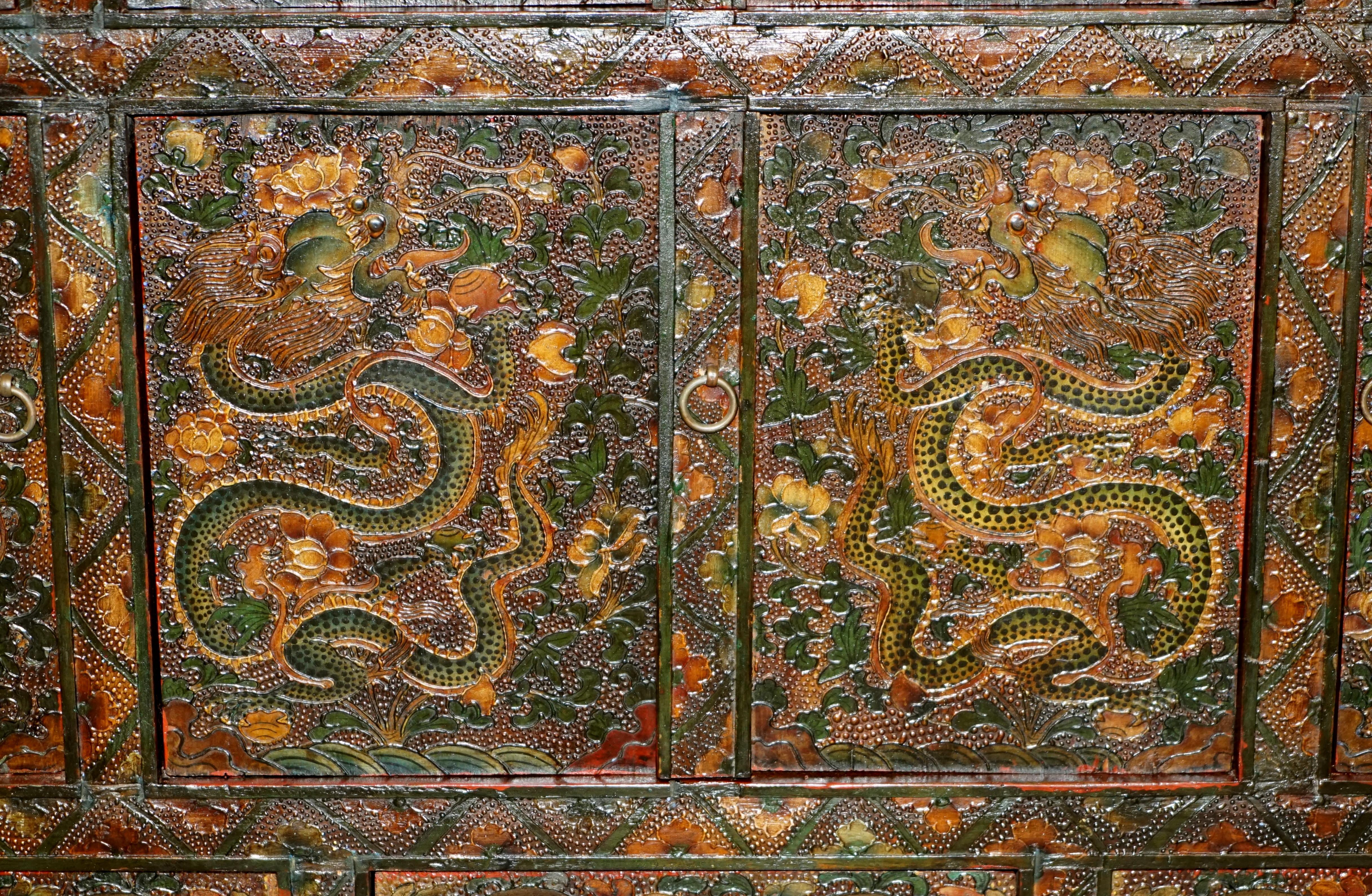 Fine Antique Chinese Dragon Tibetan Polychrome Painted Altar Cabinet Sideboard For Sale 3