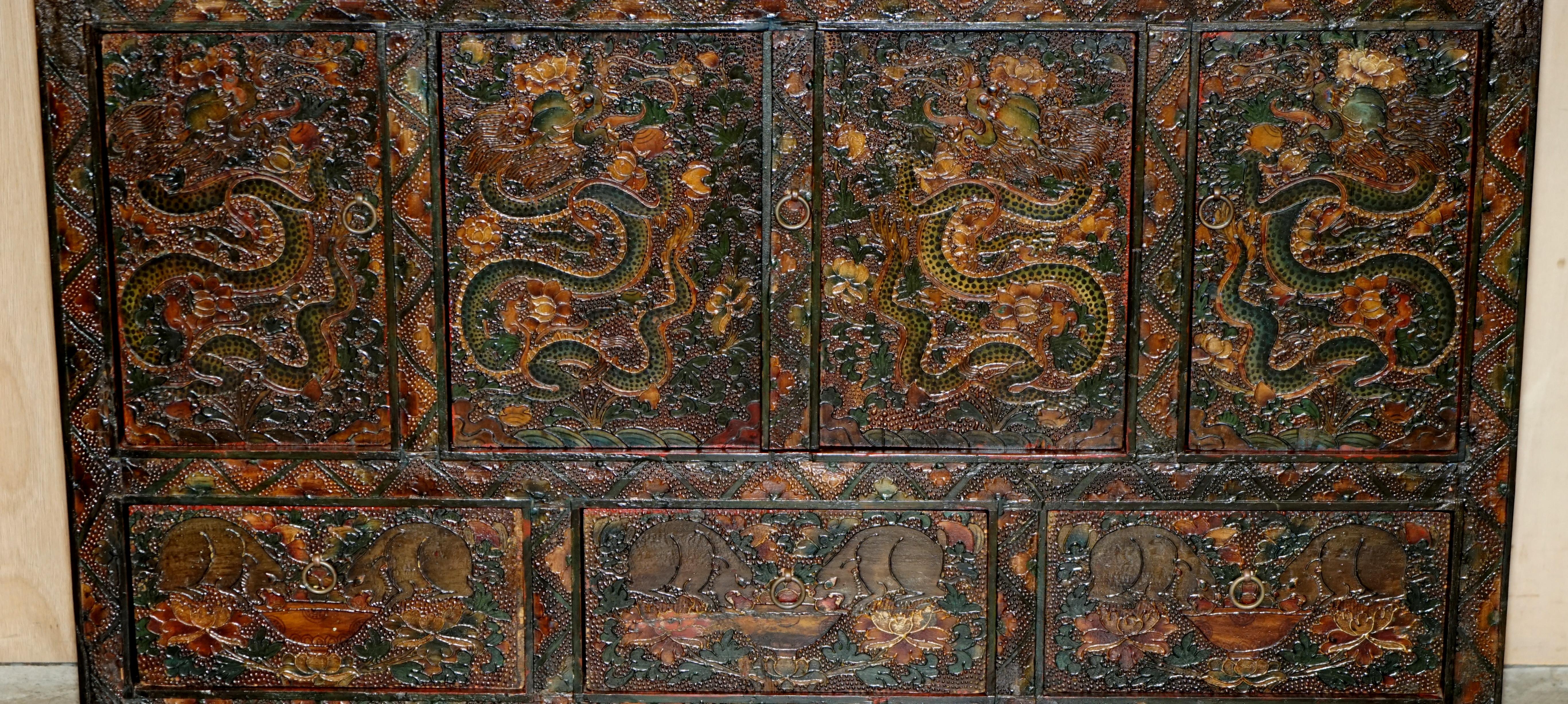 Chinese Export Fine Antique Chinese Dragon Tibetan Polychrome Painted Altar Cabinet Sideboard For Sale