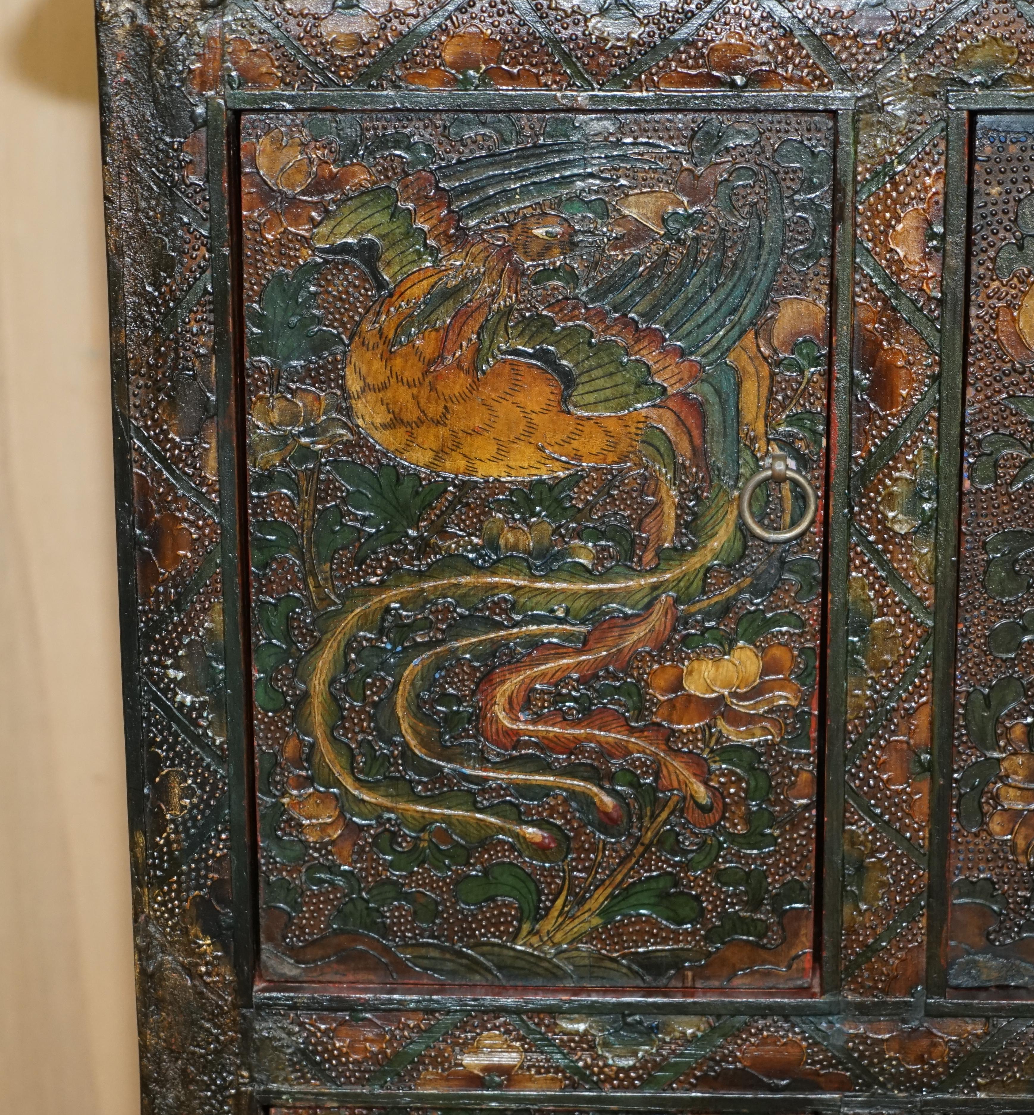 19th Century Fine Antique Chinese Dragon Tibetan Polychrome Painted Altar Cabinet Sideboard For Sale