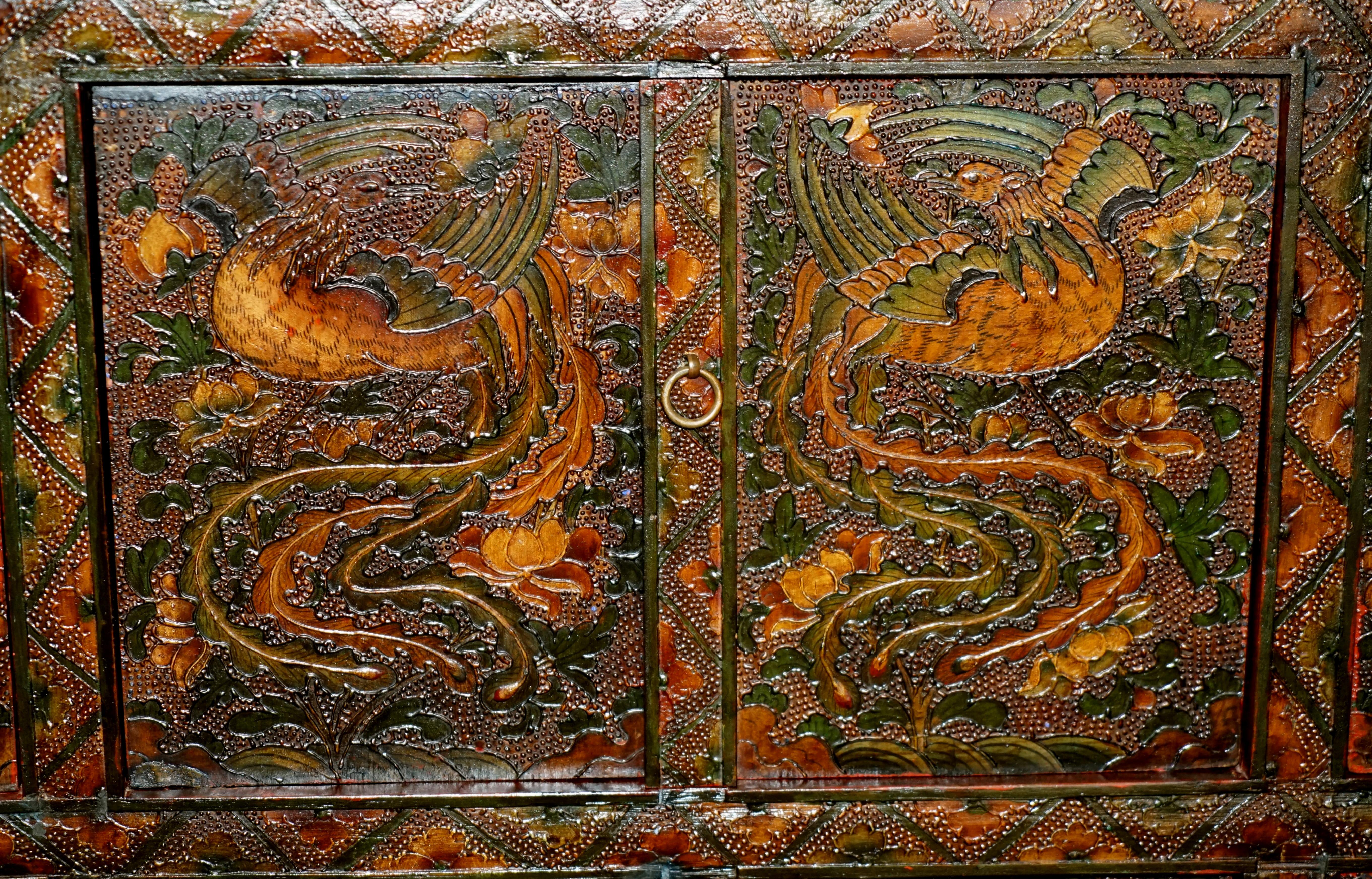 Wood Fine Antique Chinese Dragon Tibetan Polychrome Painted Altar Cabinet Sideboard For Sale