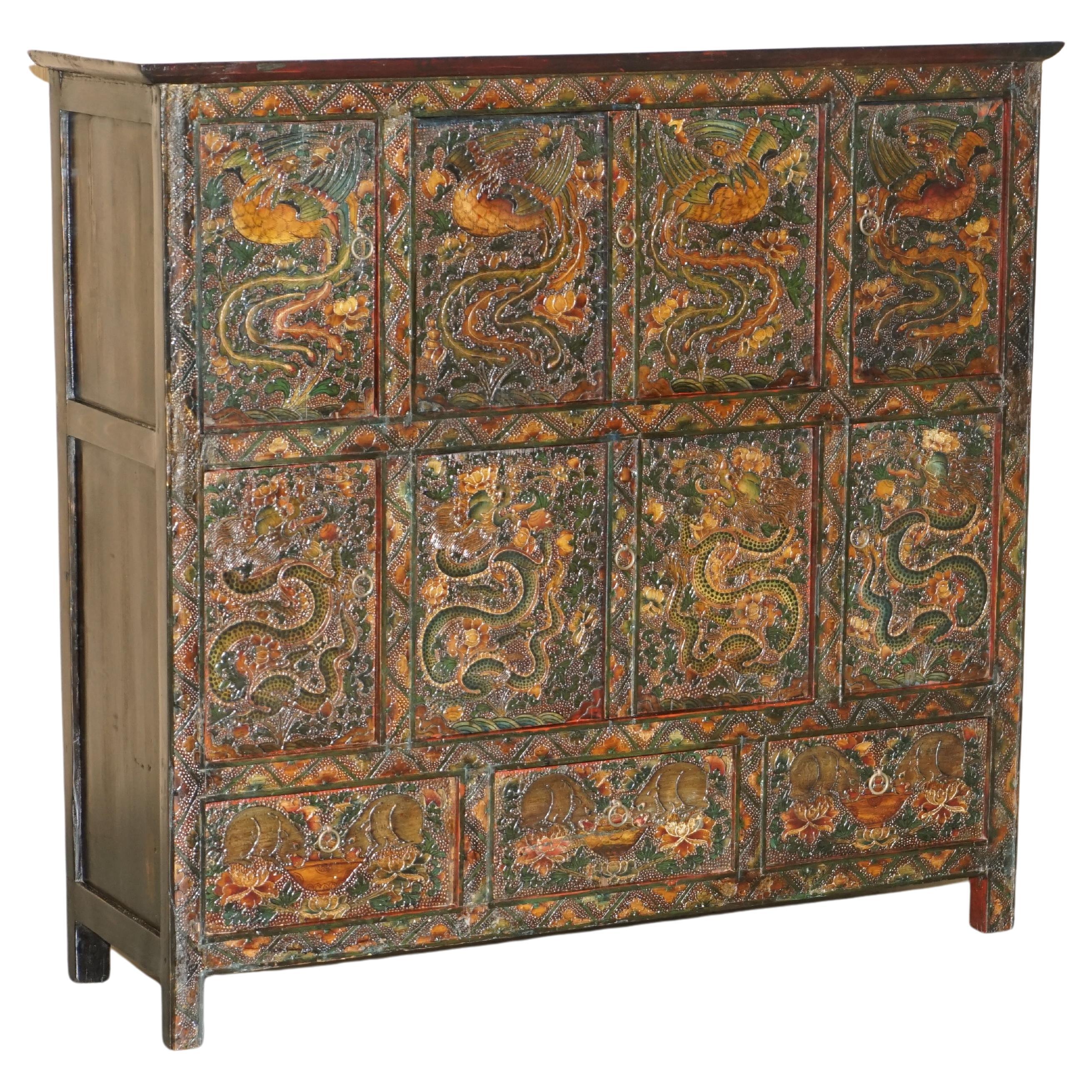 Fine Antique Chinese Dragon Tibetan Polychrome Painted Altar Cabinet Sideboard For Sale