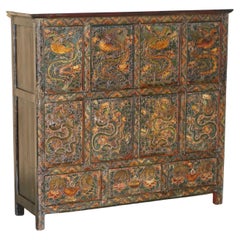 FINE ANTIQUE CHINESE DRAGON TIBETAN POLYCHROME PEINT ALTAR CABINET SiDEBOARD