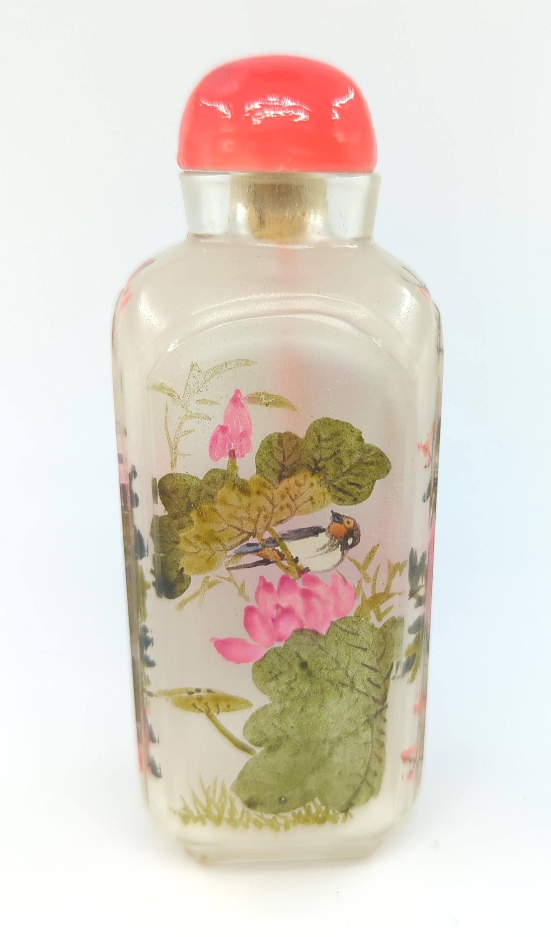 Fine Antique Chinese Inside Painted Glass Snuff Bottle Birds Flower Qing 19c-20c For Sale 5