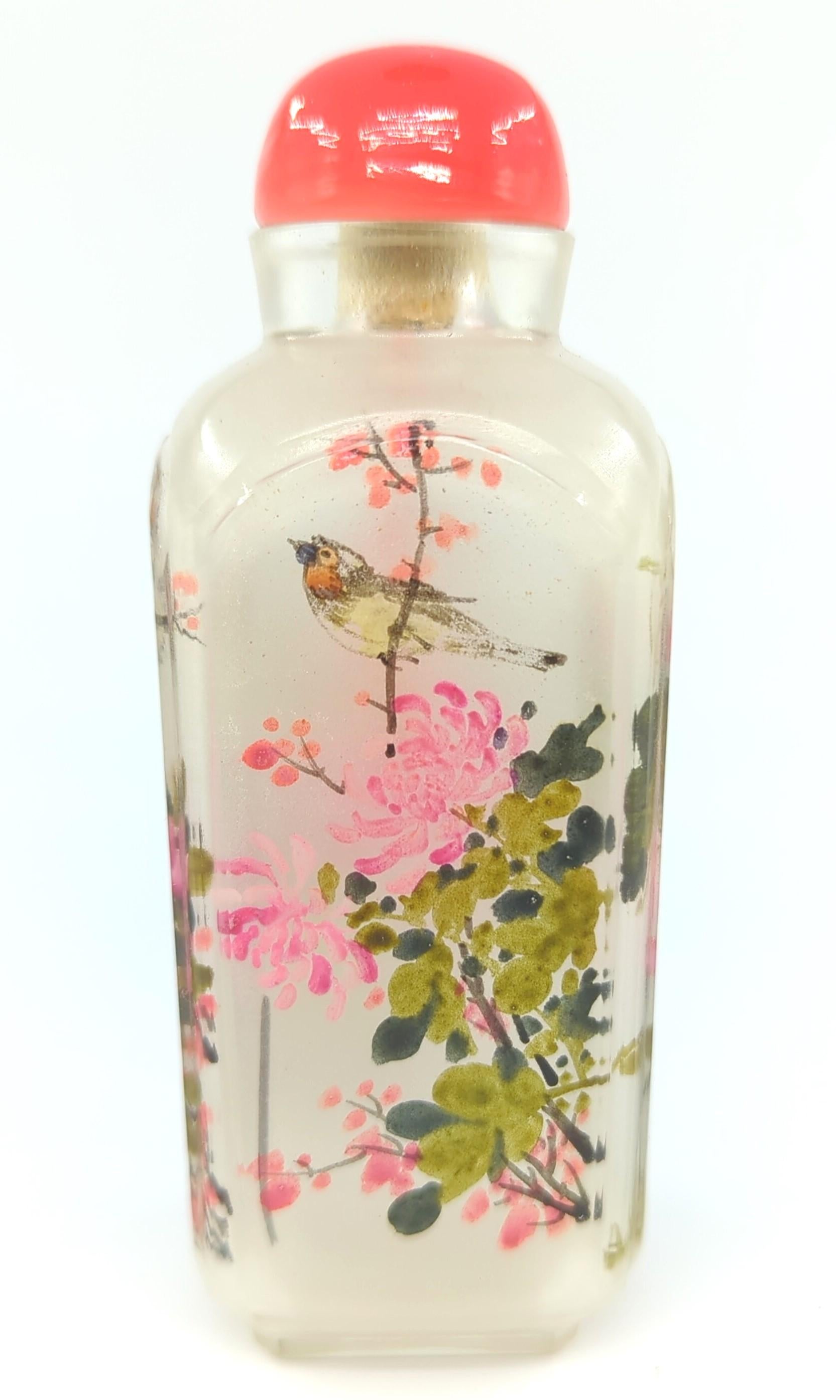 Fine Antique Chinese Inside Painted Glass Snuff Bottle Birds Flower Qing 19c-20c For Sale 6