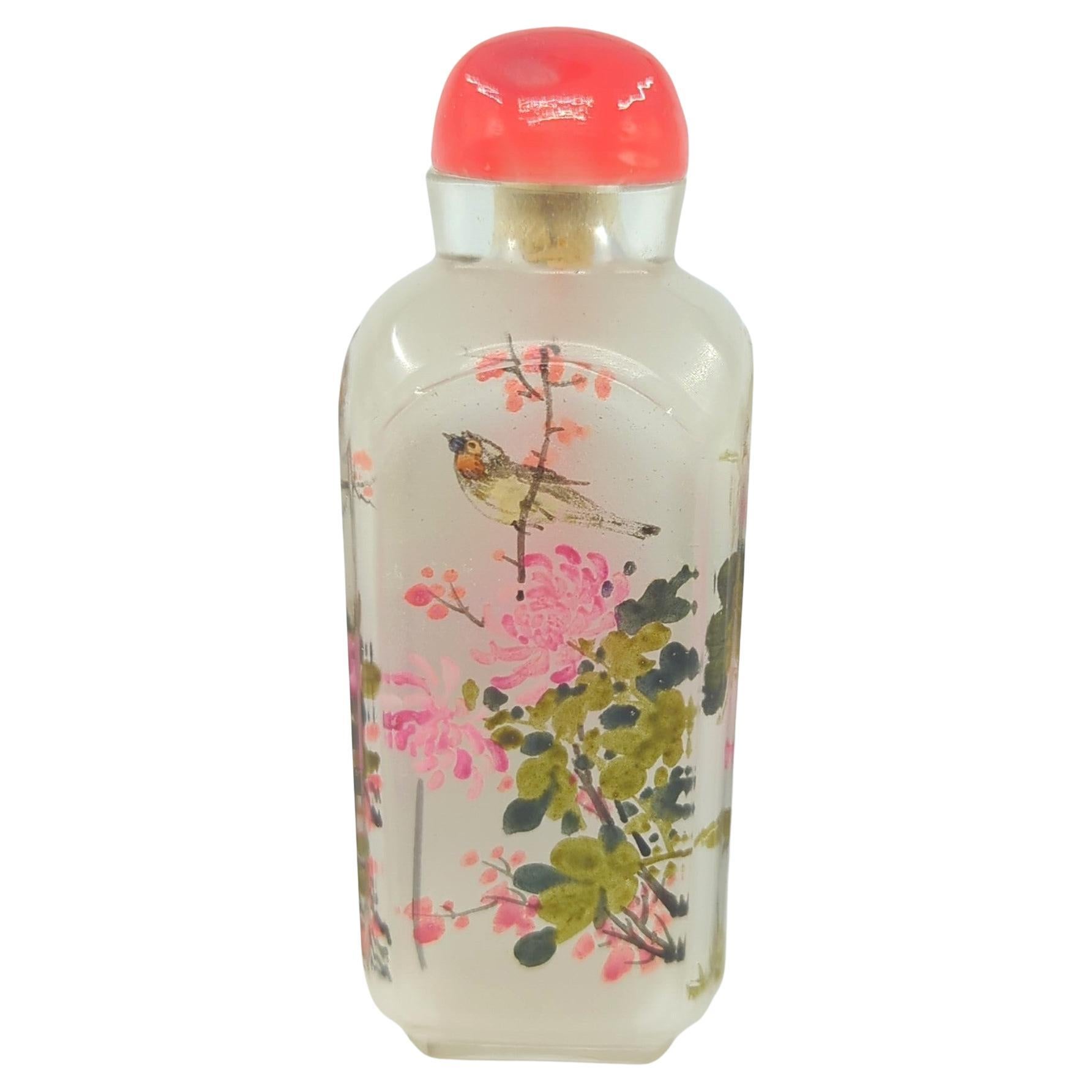 Fine Antique Chinese Inside Painted Glass Snuff Bottle Birds Flower Qing 19c-20c For Sale 15