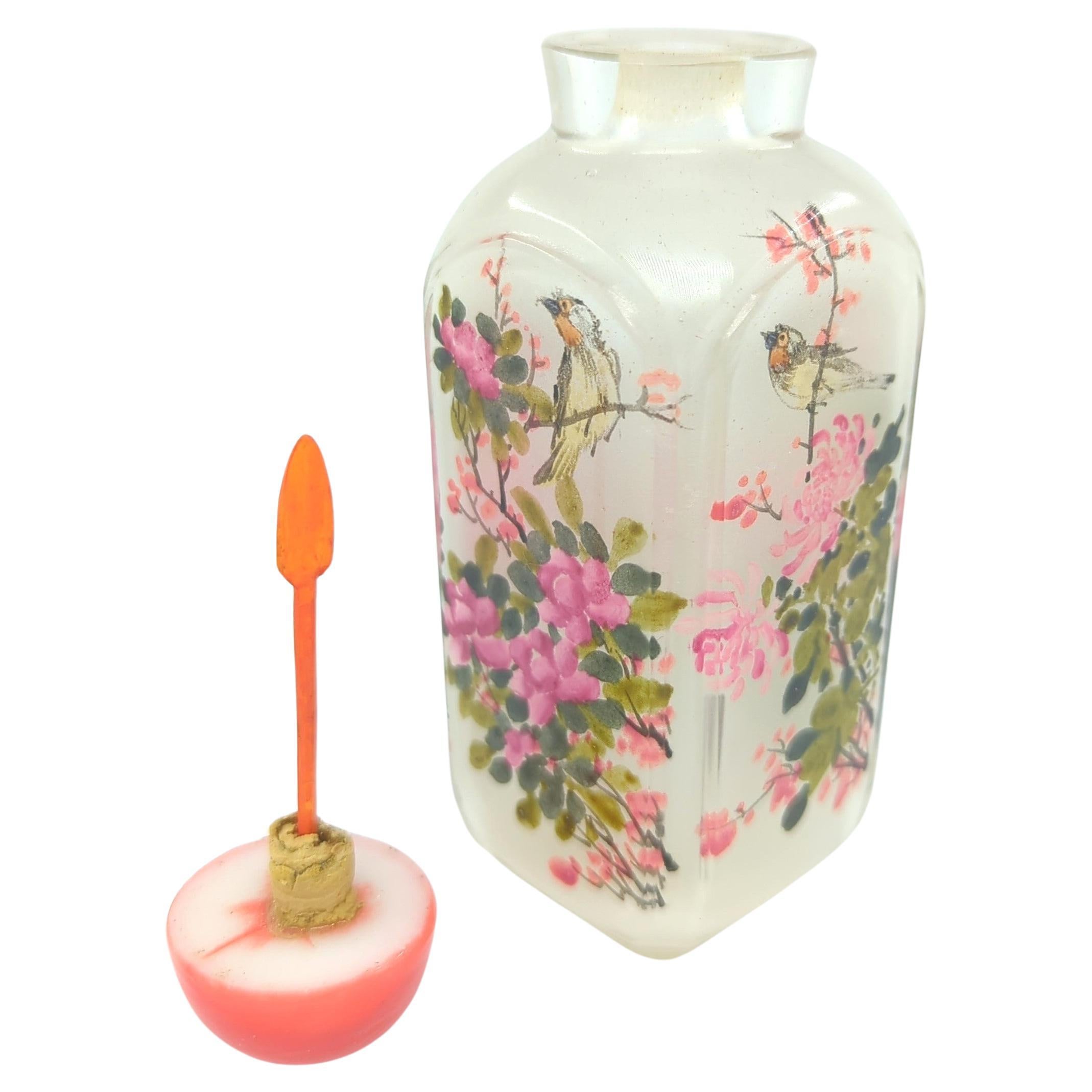 Fine Antique Chinese Inside Painted Glass Snuff Bottle Birds Flower Qing 19c-20c In Good Condition For Sale In Richmond, CA