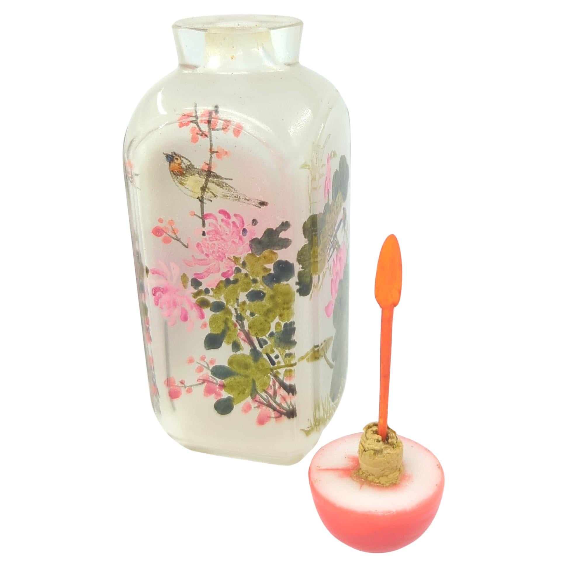 19th Century Fine Antique Chinese Inside Painted Glass Snuff Bottle Birds Flower Qing 19c-20c For Sale