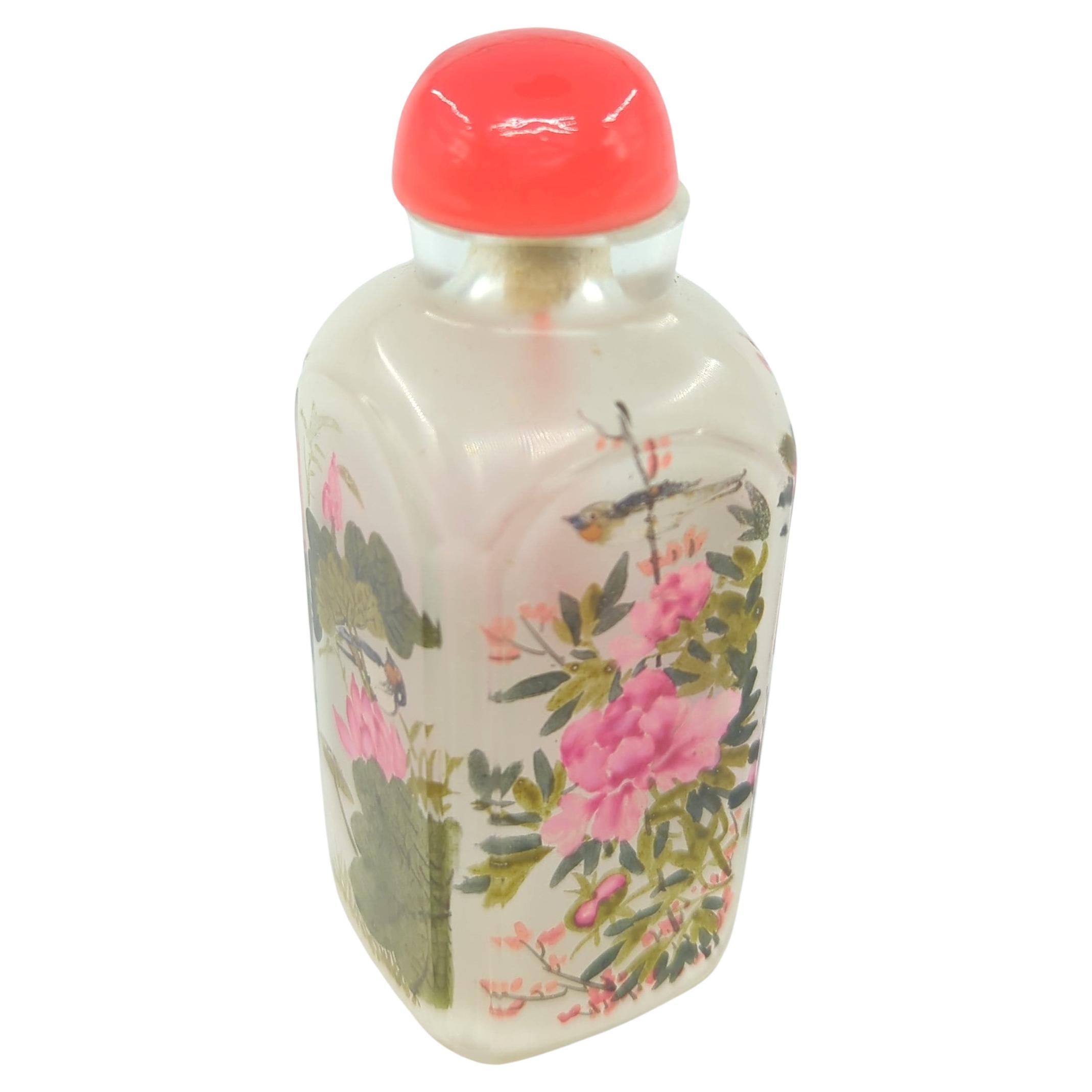 Cut Glass Fine Antique Chinese Inside Painted Glass Snuff Bottle Birds Flower Qing 19c-20c For Sale
