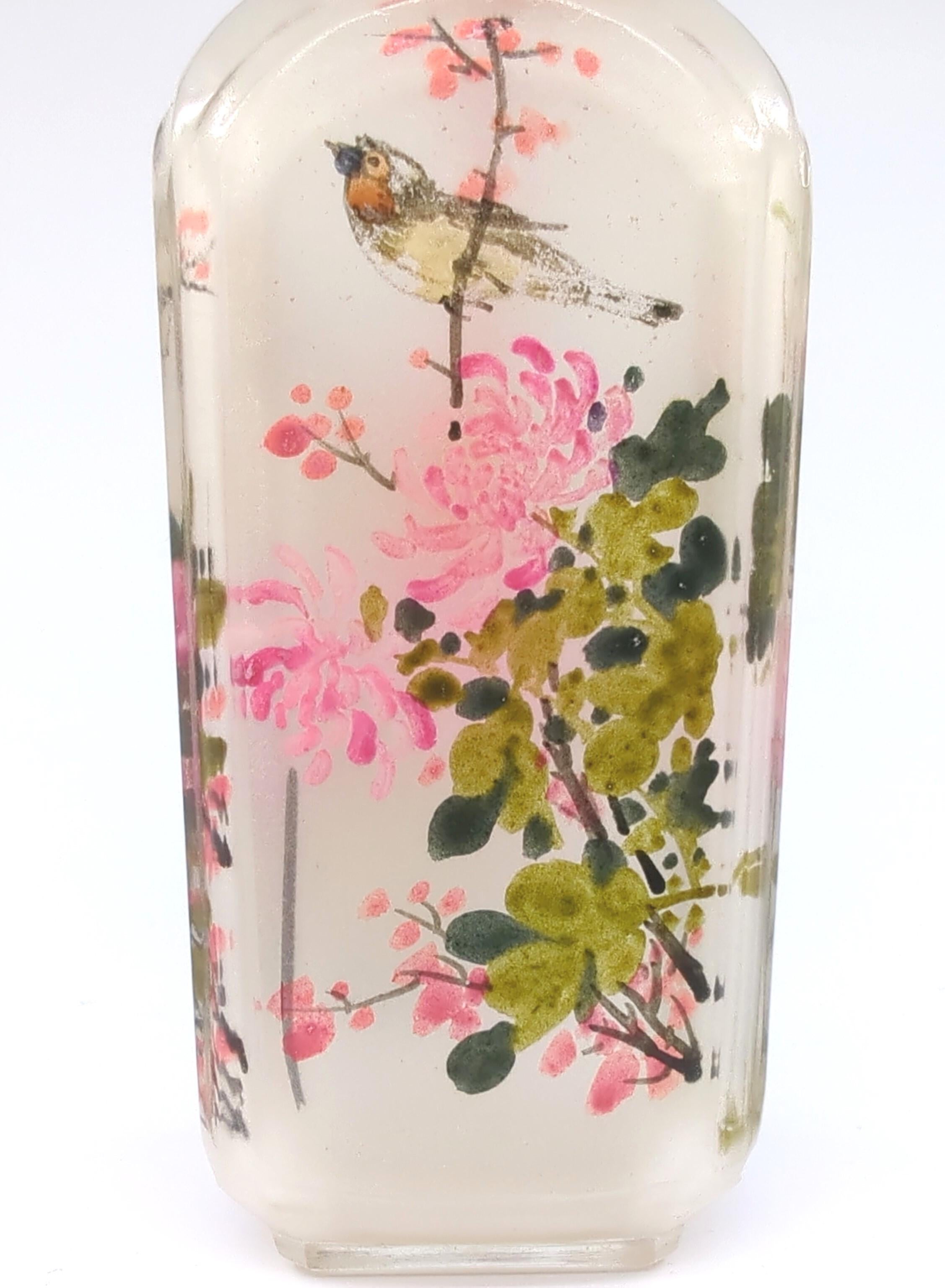 Fine Antique Chinese Inside Painted Glass Snuff Bottle Birds Flower Qing 19c-20c For Sale 2