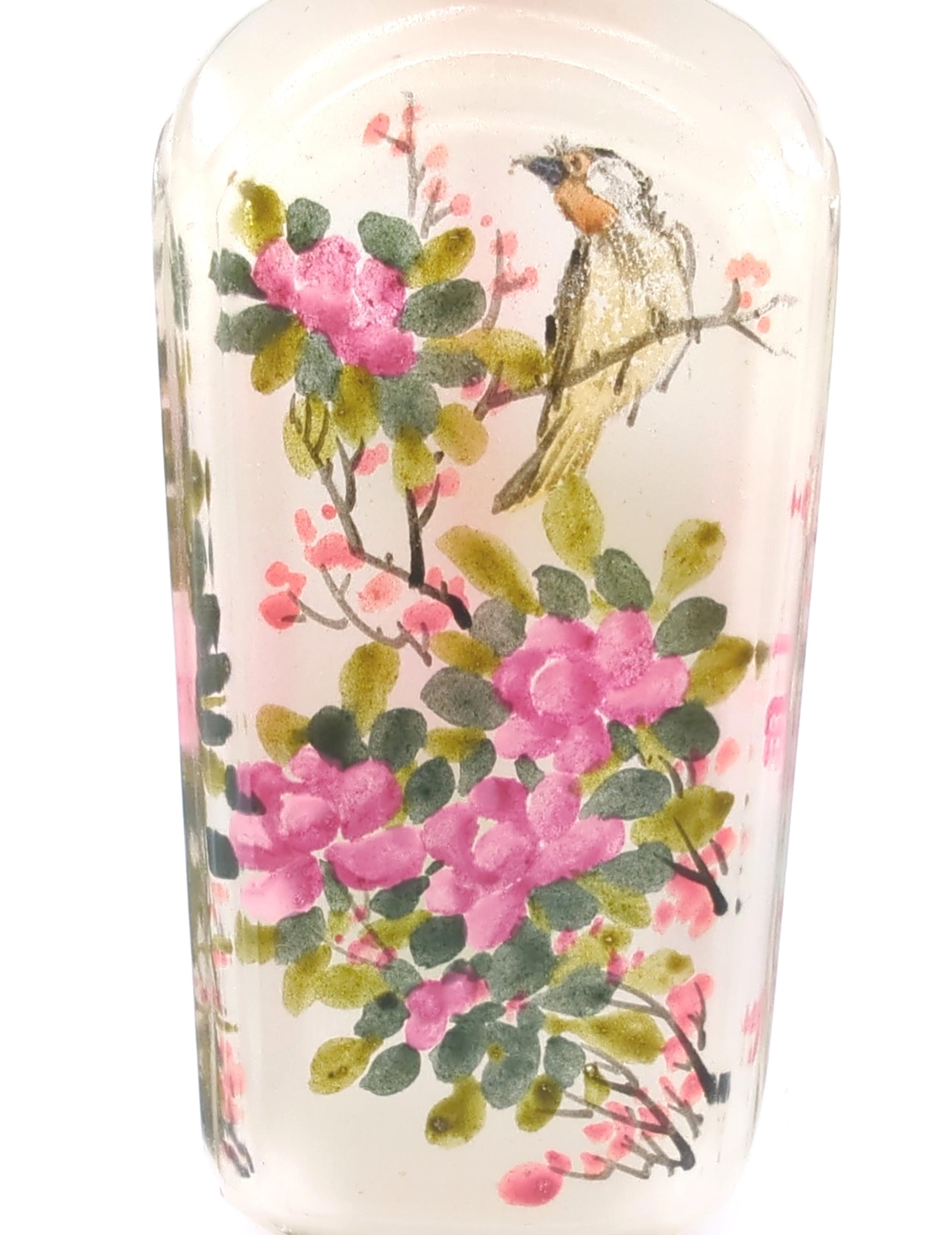 Fine Antique Chinese Inside Painted Glass Snuff Bottle Birds Flower Qing 19c-20c For Sale 4