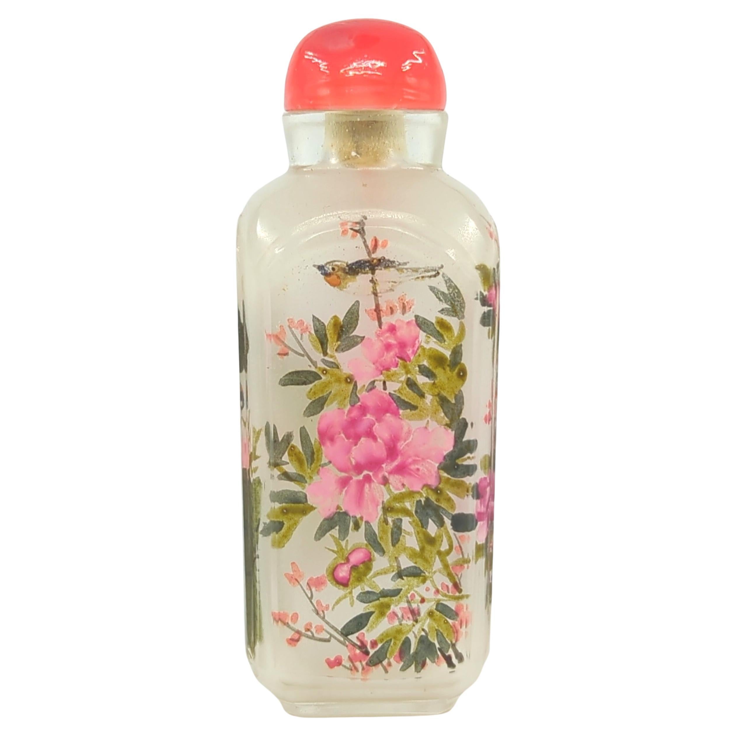 Bouteille de bouteille de parfum chinoise ancienne en verre peint à l'intérieur, fleur Qing 19c-20c
