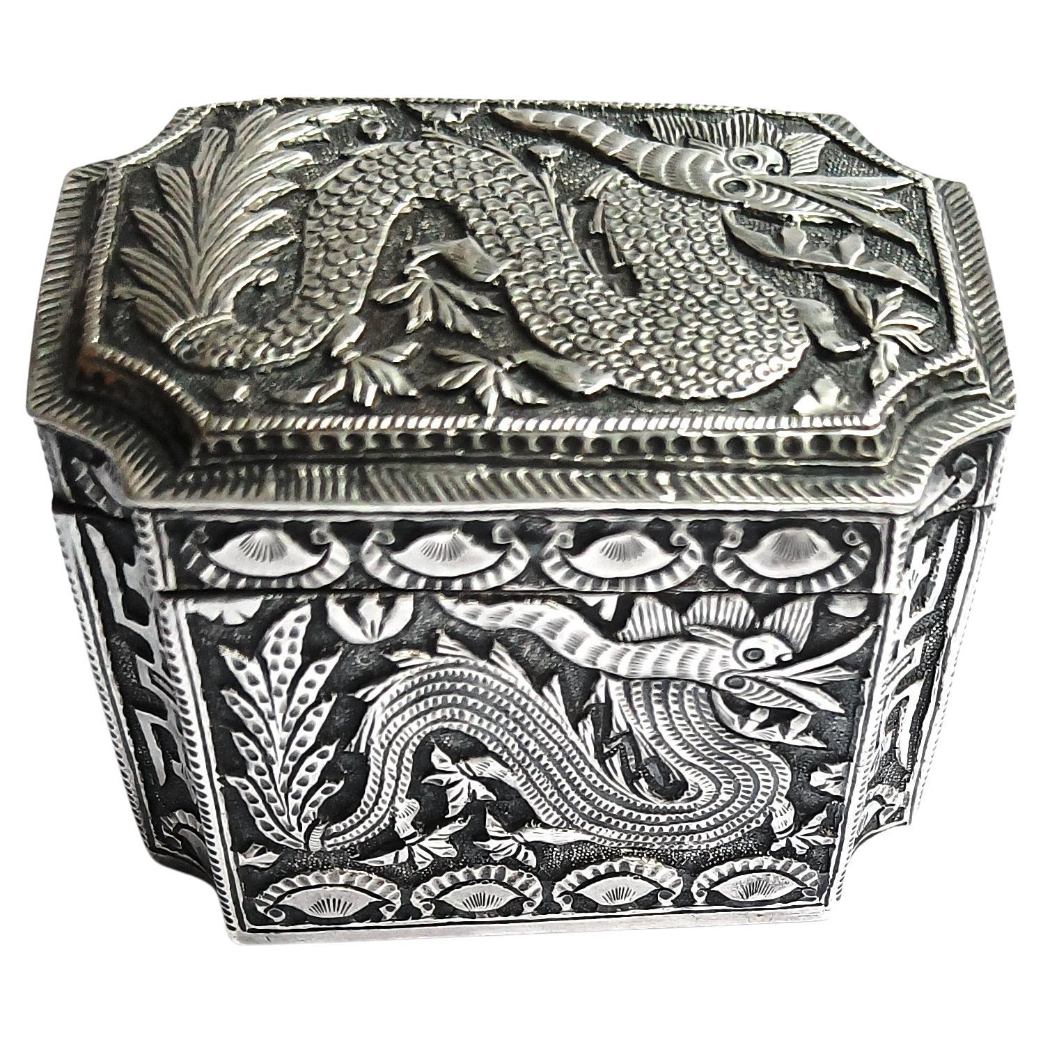 Fine Antique Chinese Qing Dynasty silver Dragon box Asian Art