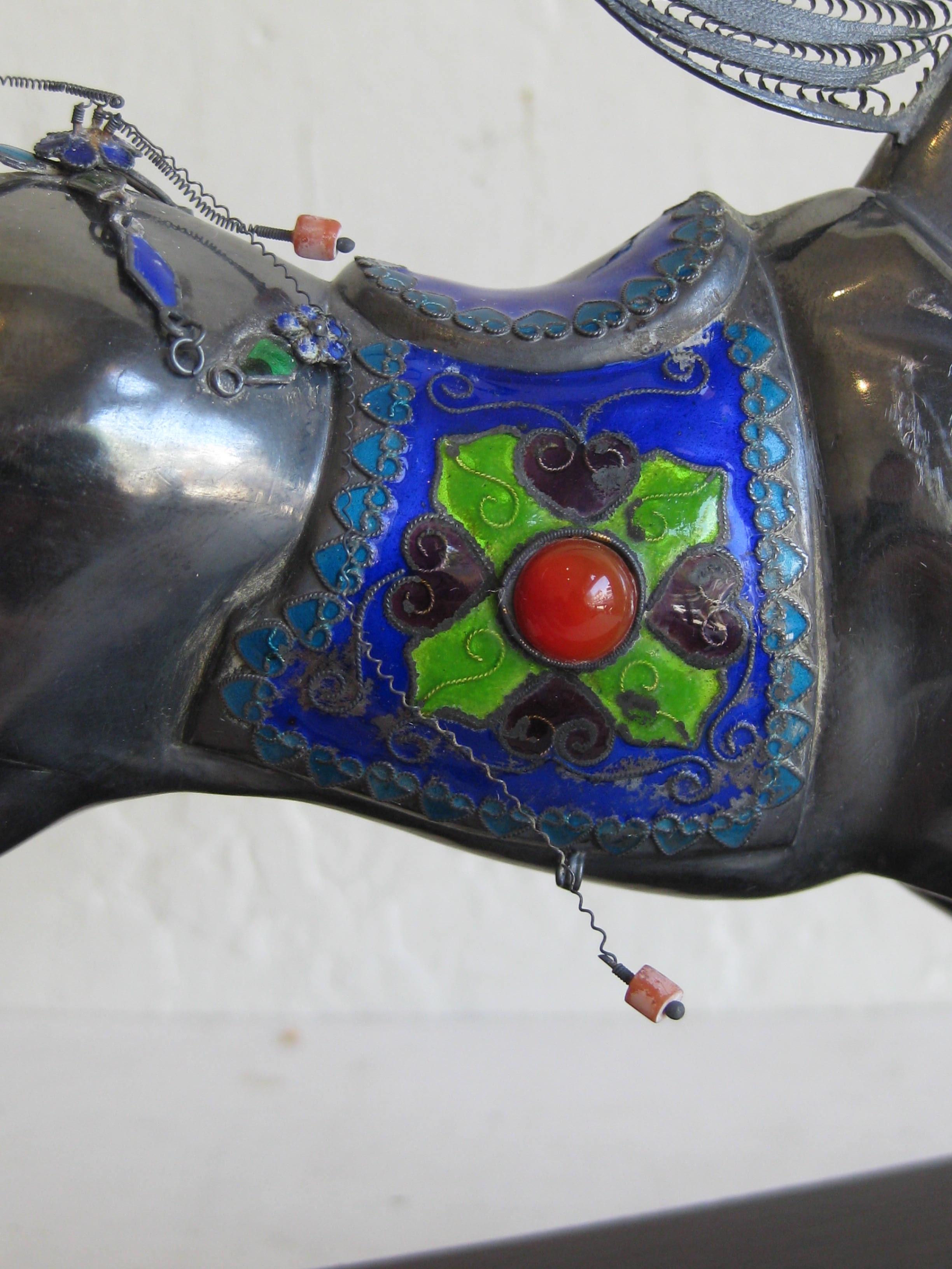 Fine Antique Chinese Sterling Silver and Enamel with Coral Beads Horse Sculpture For Sale 14