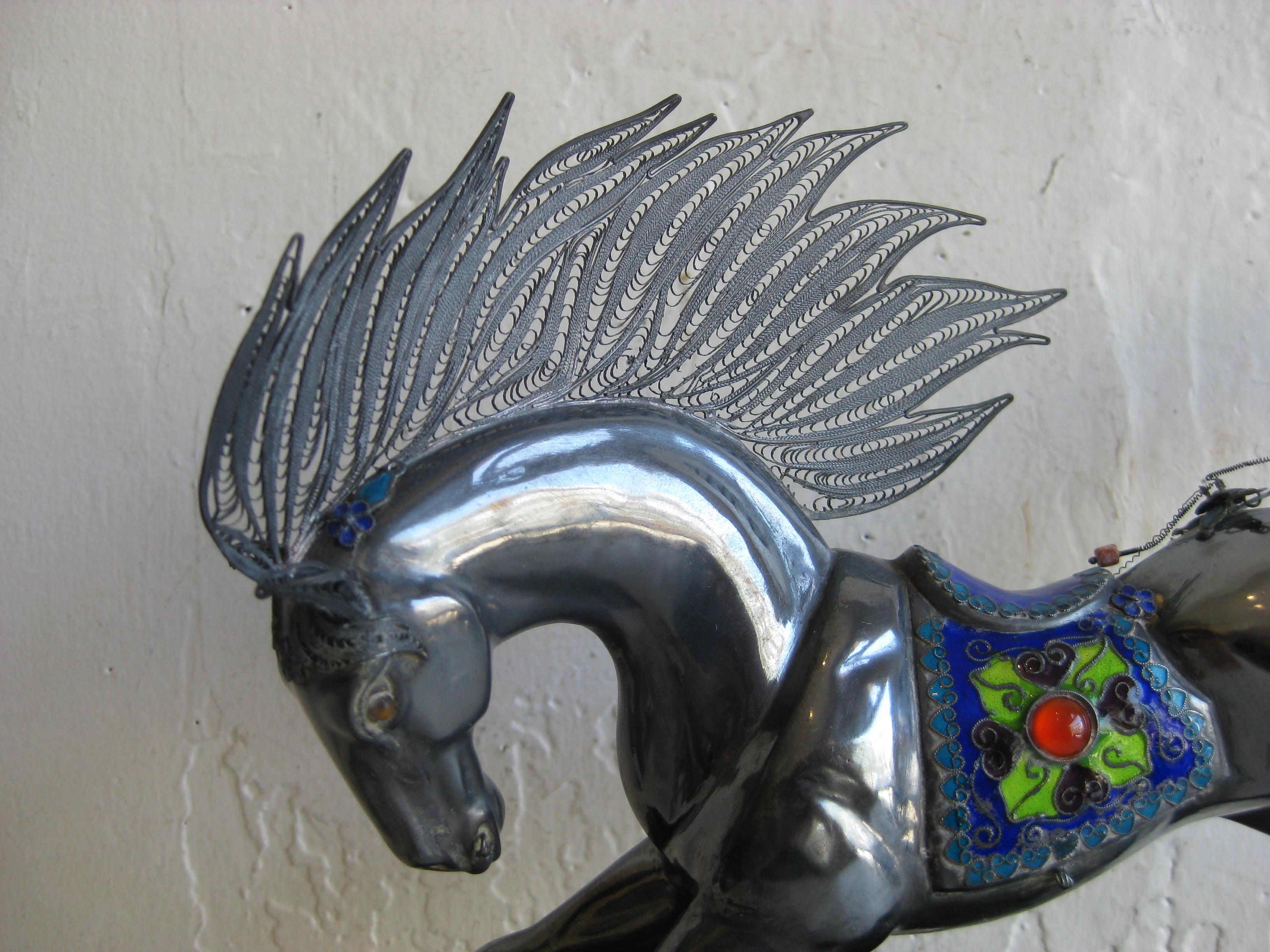 Fine Antique Chinese Sterling Silver and Enamel with Coral Beads Horse Sculpture In Good Condition For Sale In San Diego, CA