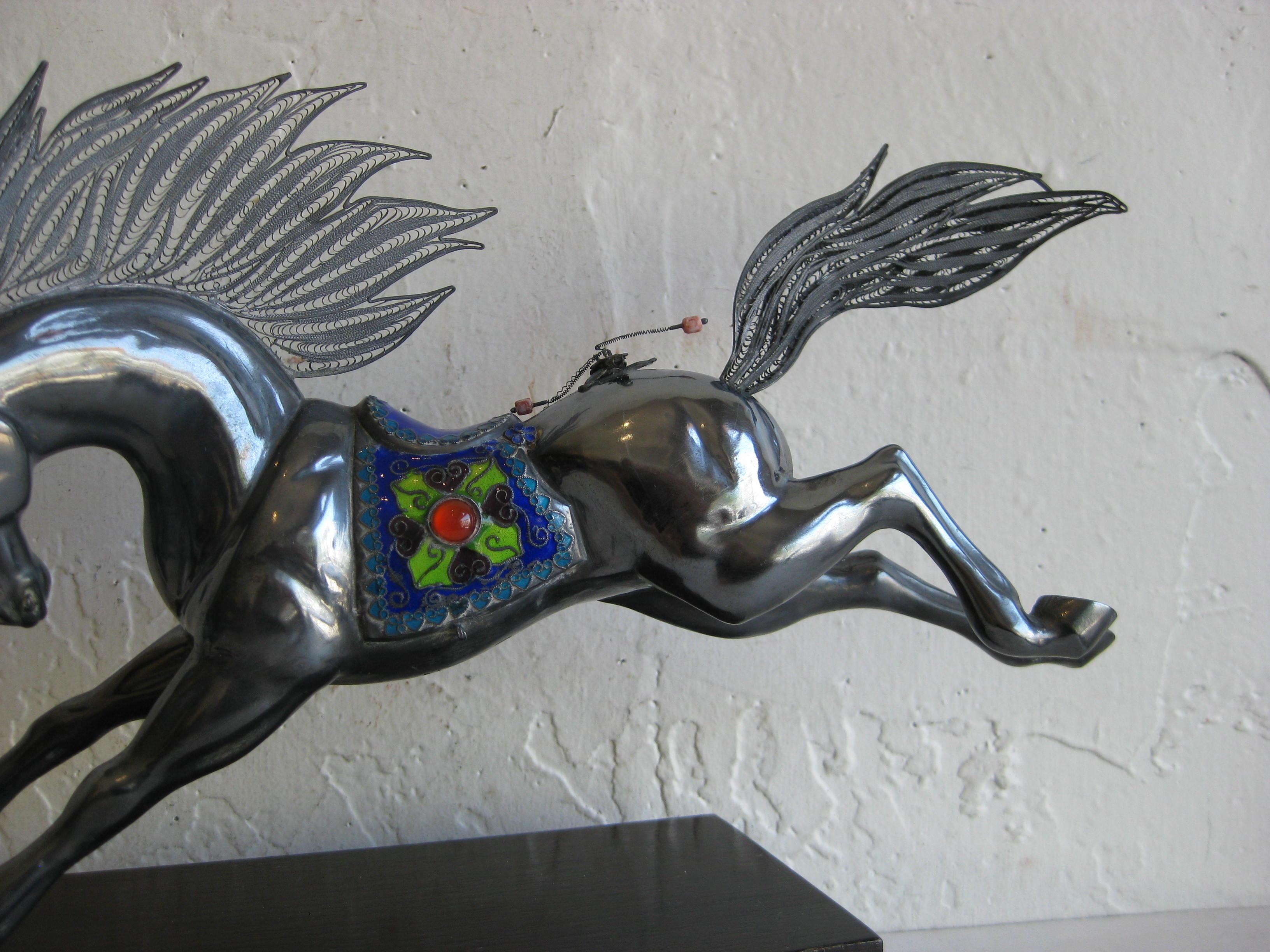 20th Century Fine Antique Chinese Sterling Silver and Enamel with Coral Beads Horse Sculpture For Sale