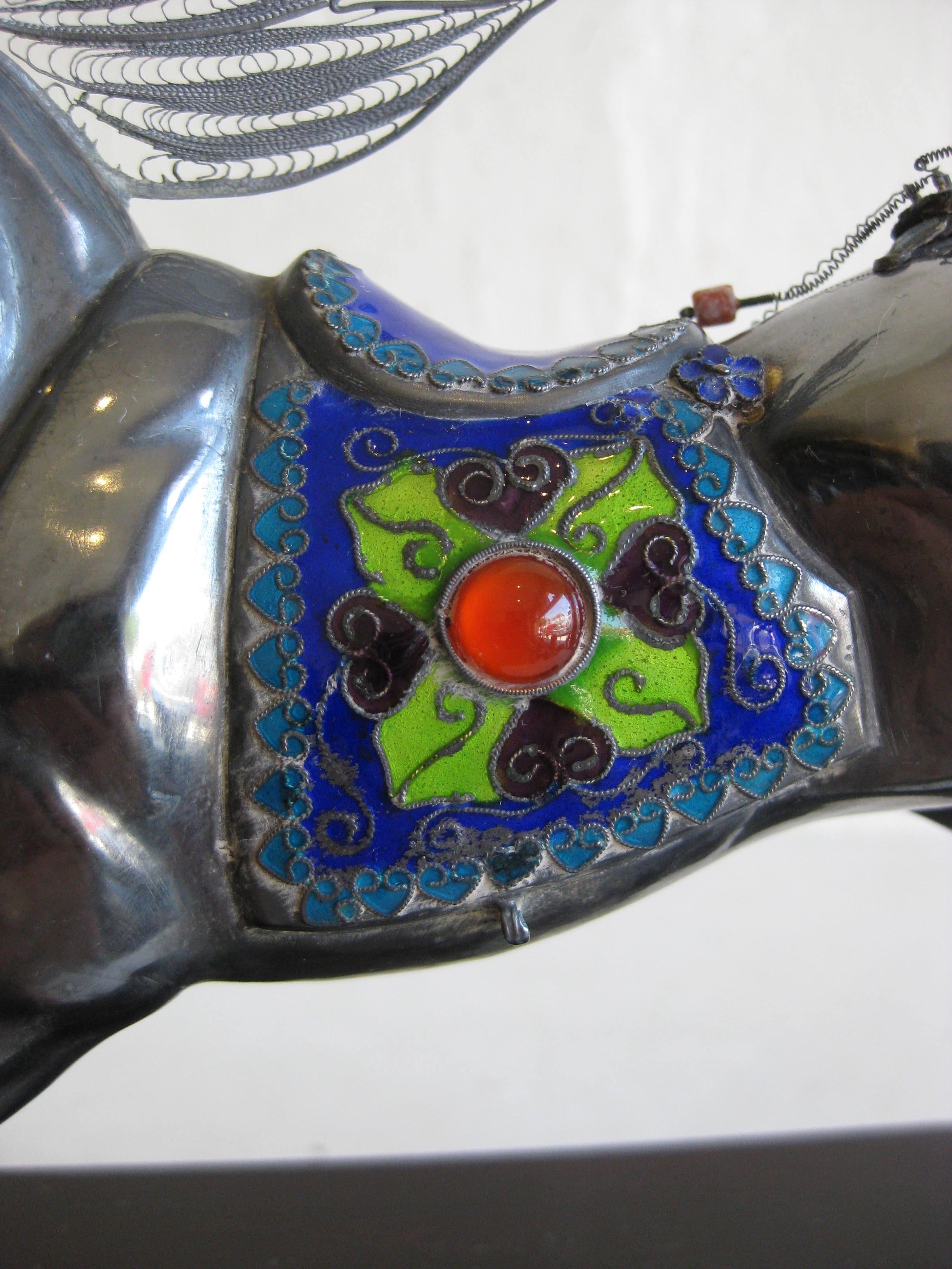 Fine Antique Chinese Sterling Silver and Enamel with Coral Beads Horse Sculpture For Sale 3