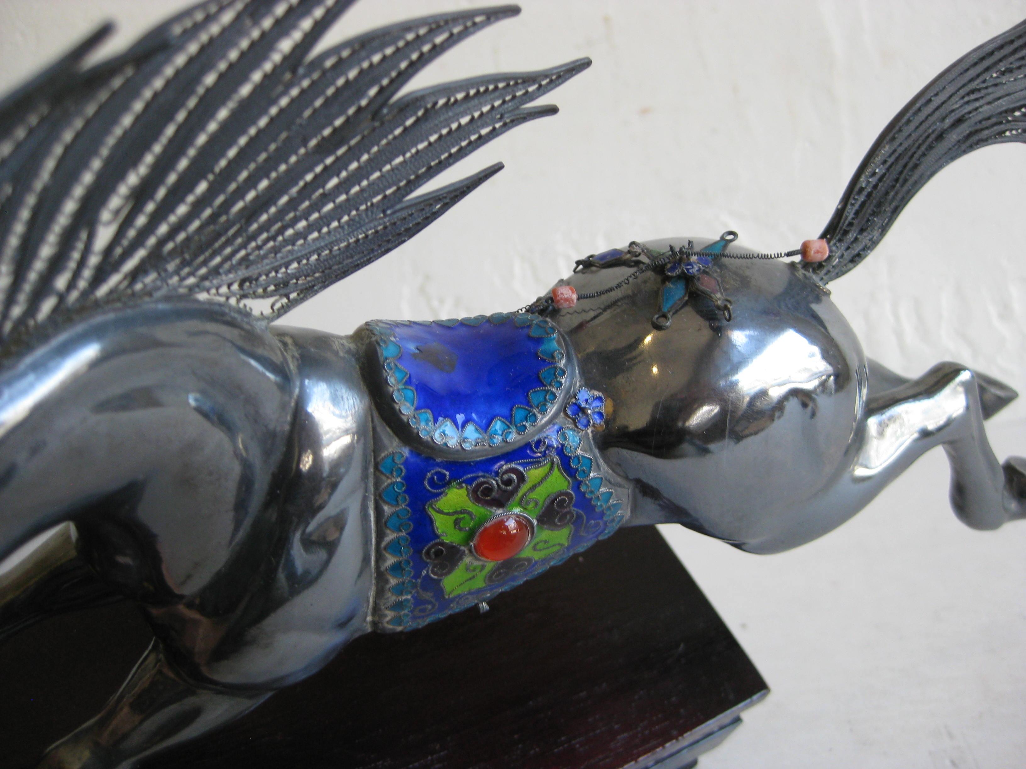 Fine Antique Chinese Sterling Silver and Enamel with Coral Beads Horse Sculpture For Sale 5