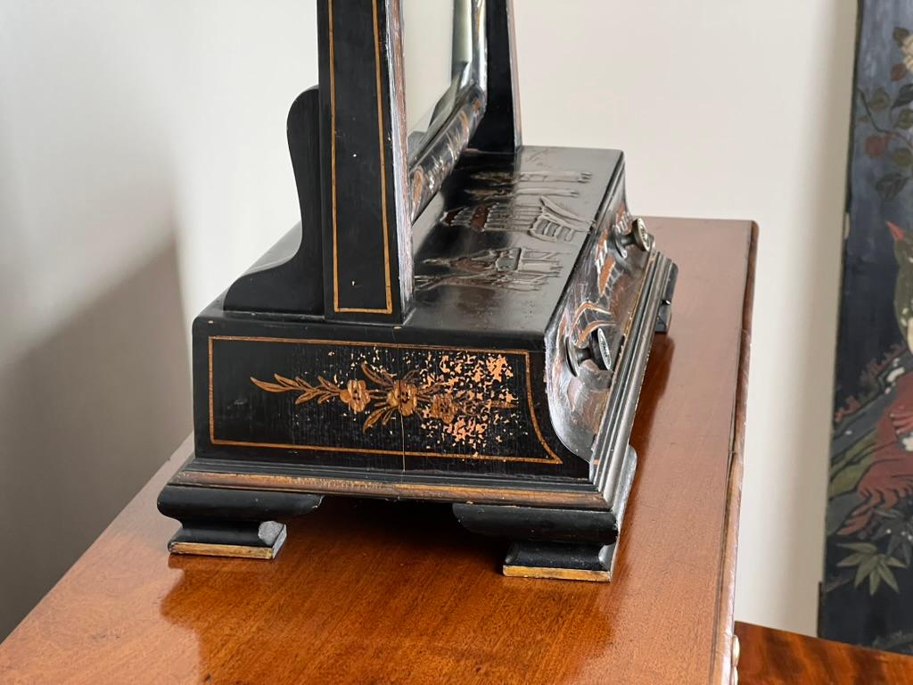 Wood Fine Antique Chinoiserie Black Lacquer Dressing Mirror c. Late 19th Century For Sale
