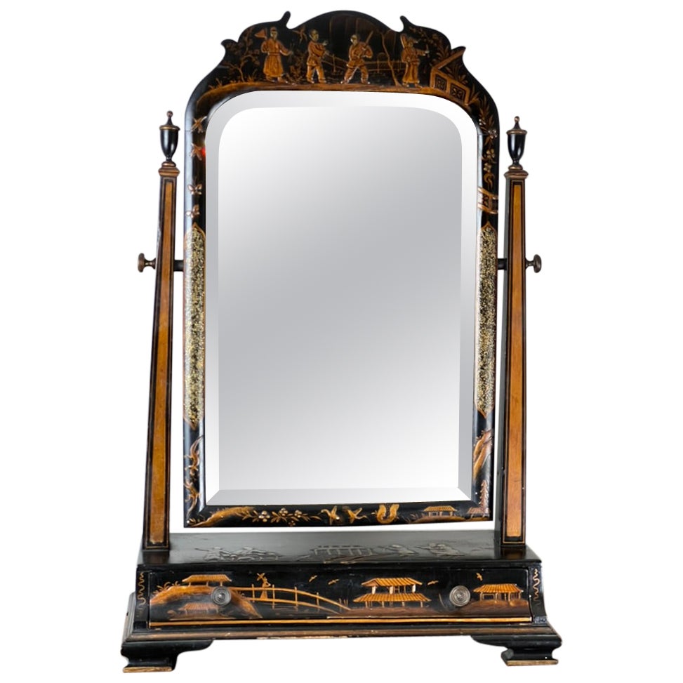 Fine Antique Chinoiserie Black Lacquer Dressing Mirror c. Late 19th Century For Sale