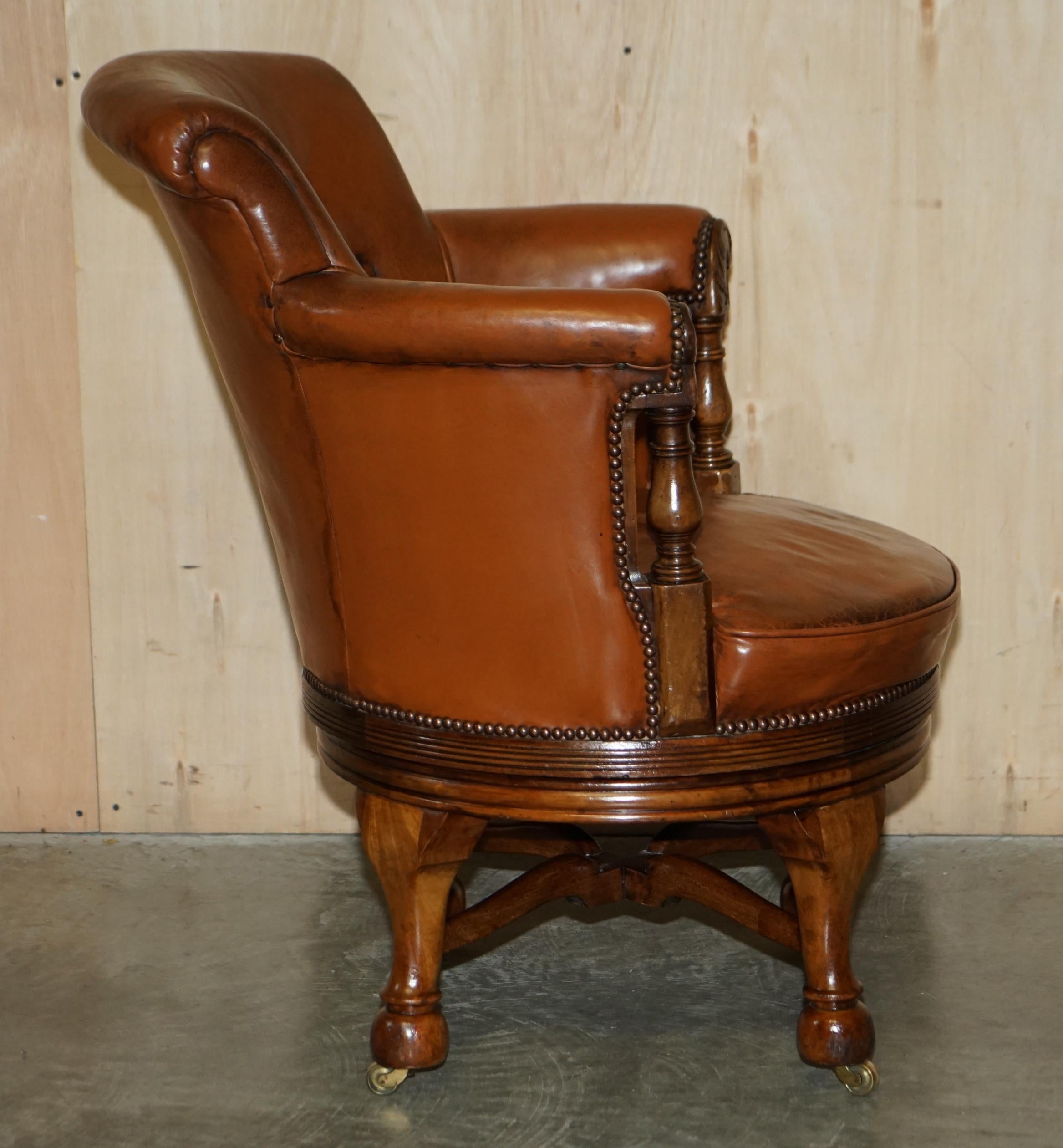 Fine Antique circa 1860 Chesterfield Cigar Brown Leather Swivel Captains Chair For Sale 10