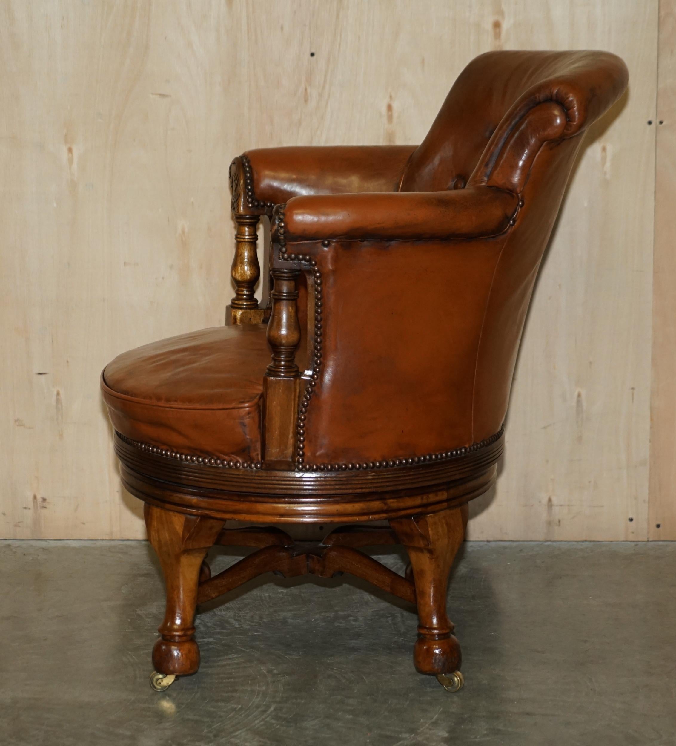 Fine Antique circa 1860 Chesterfield Cigar Brown Leather Swivel Captains Chair For Sale 11