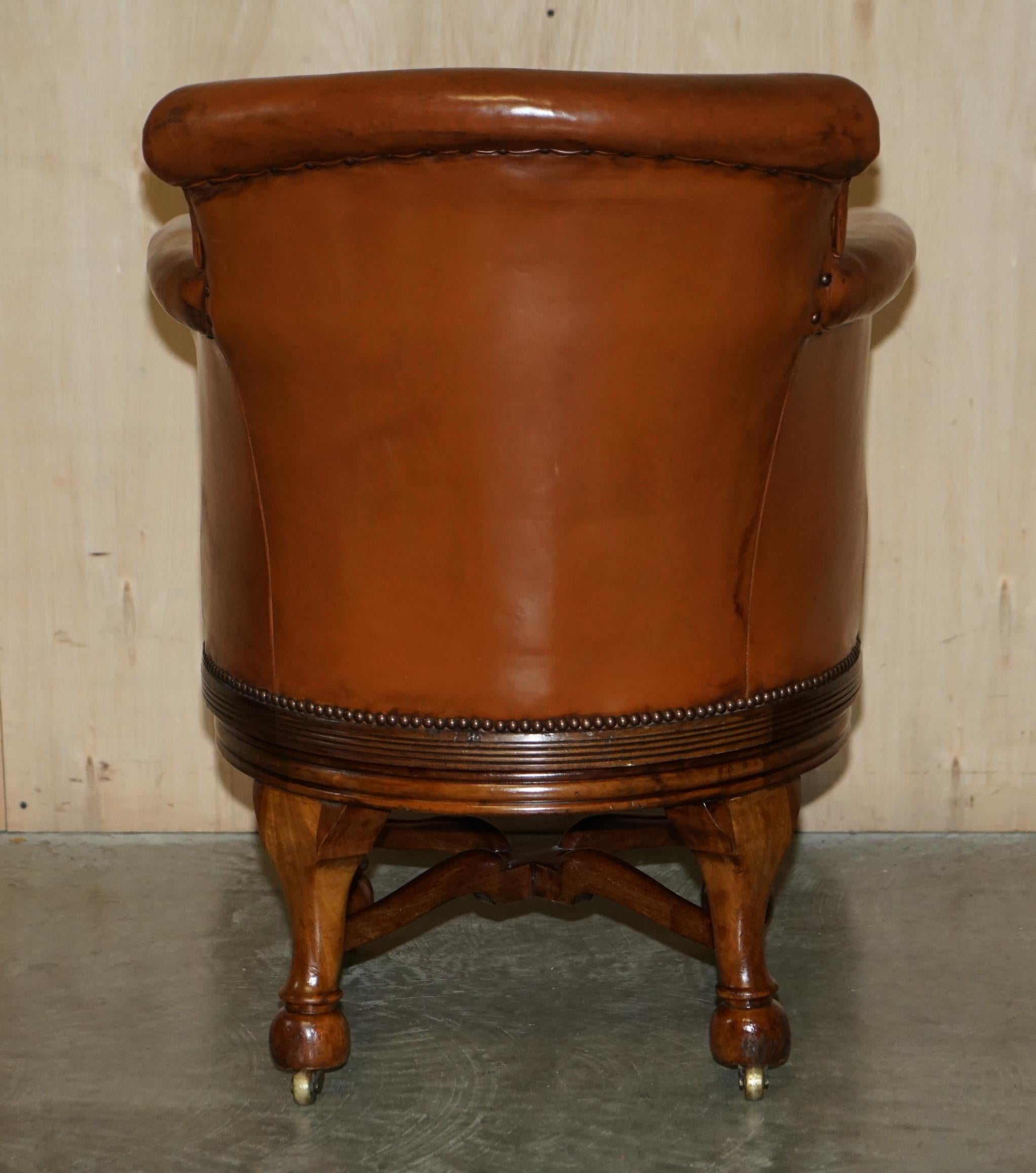 Fine Antique circa 1860 Chesterfield Cigar Brown Leather Swivel Captains Chair For Sale 12