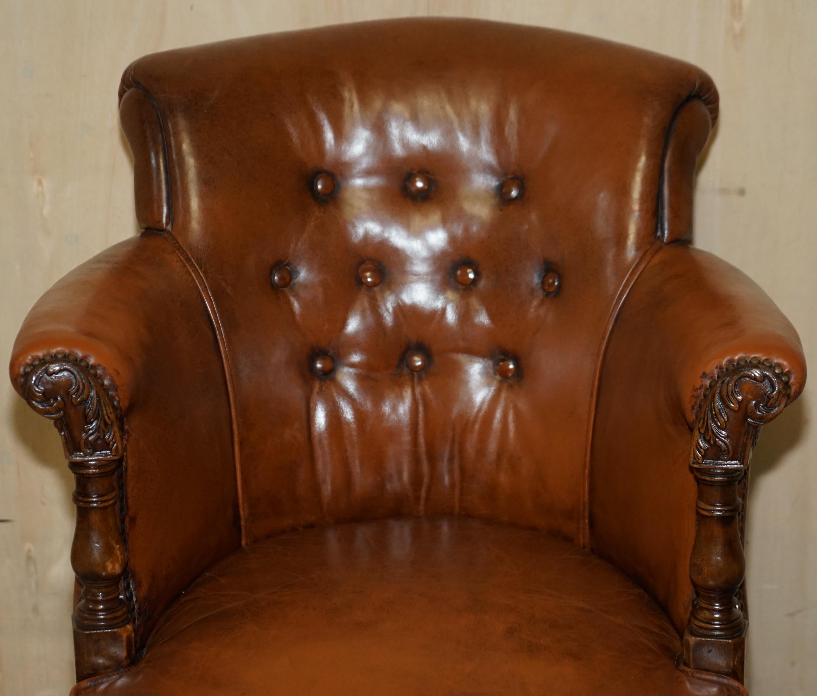High Victorian Fine Antique circa 1860 Chesterfield Cigar Brown Leather Swivel Captains Chair For Sale