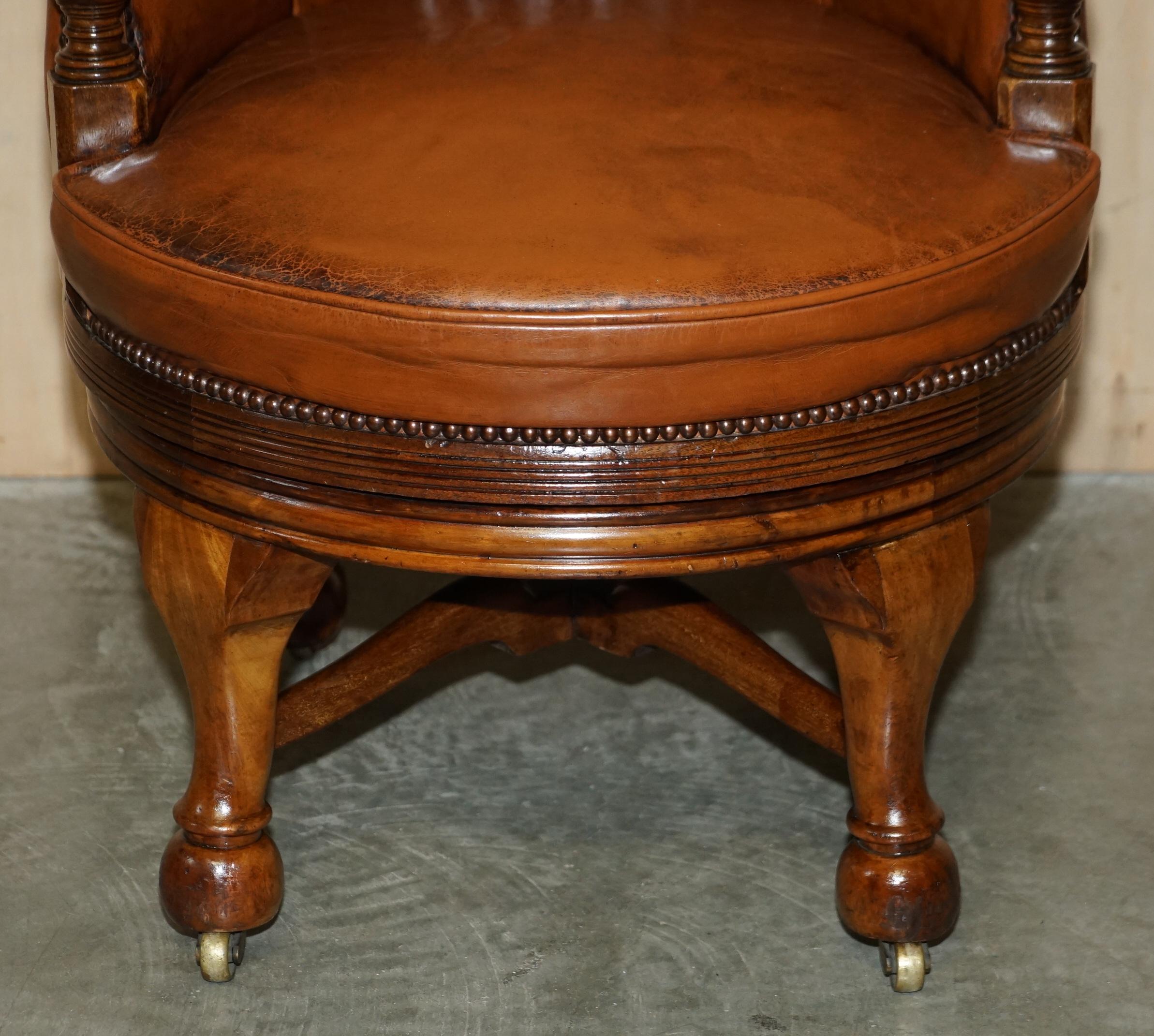 English Fine Antique circa 1860 Chesterfield Cigar Brown Leather Swivel Captains Chair For Sale
