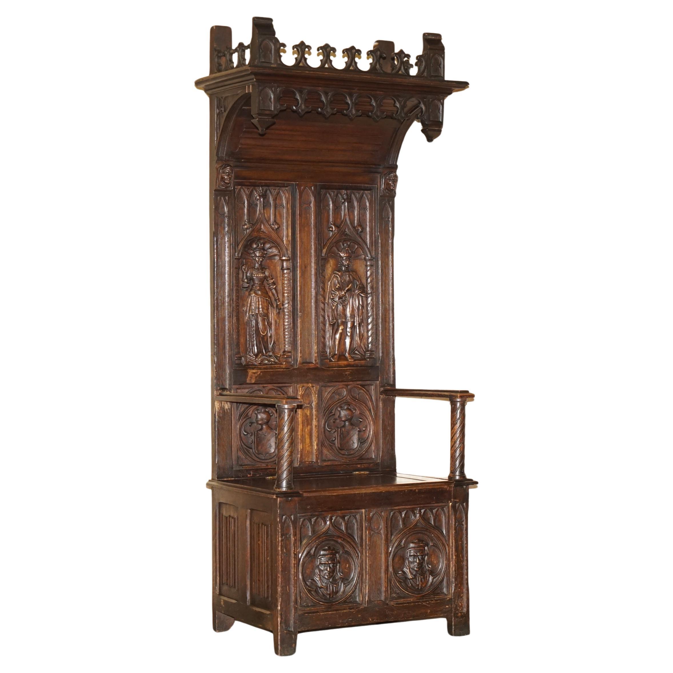 FINE ANTIQUE CiRCA 1860 JACOBEAN GOTHIC REVIVAL HAND CARVED PORTERS HALL CHAIR im Angebot