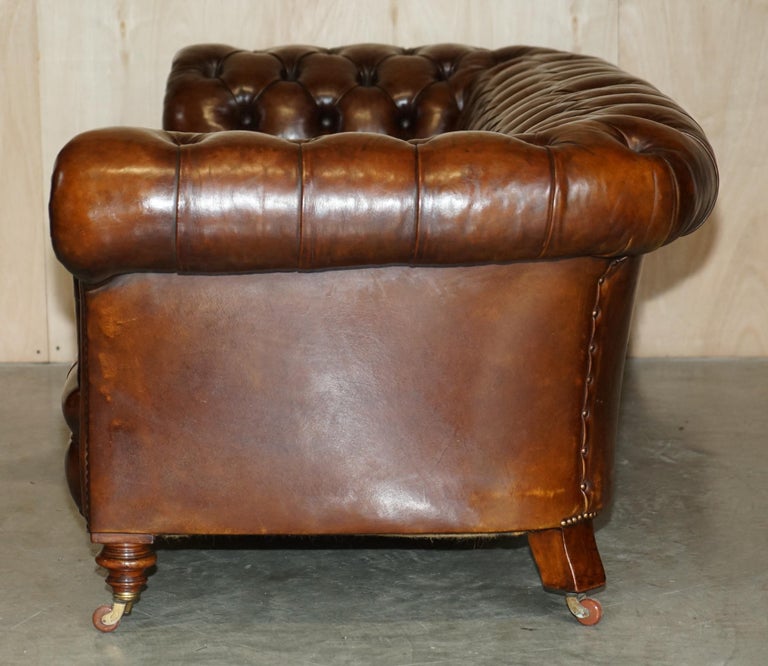 Fine Antique circa 1860 Jas Shoolbred Restored Brown Leather Chesterfield Sofa For Sale 8