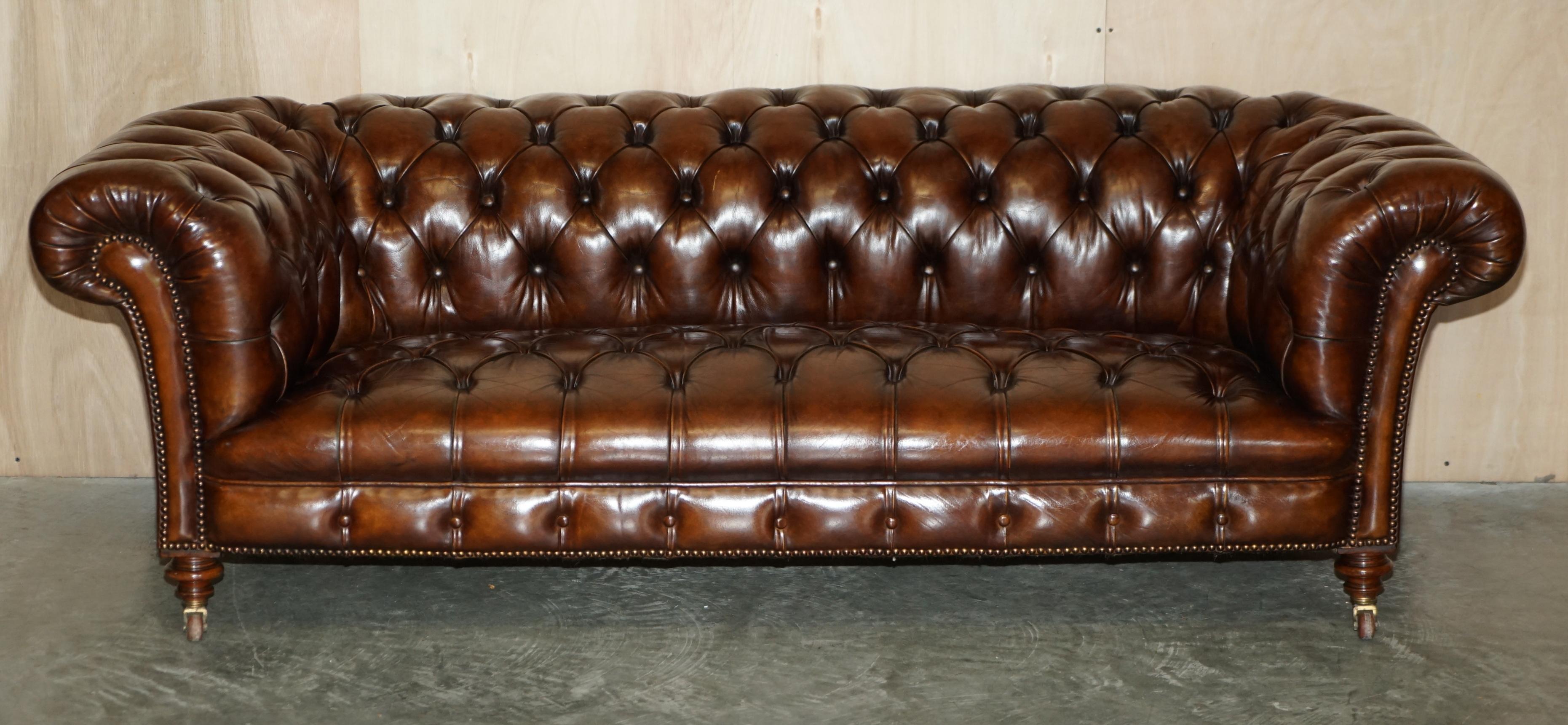 We are delighted to offer for sale this very fine, fully restored, original circa 1860-1880 James Jas Shoolbred Antique Victorian hand dyed brown leather Chesterfield club sofa

A very high quality, original Victorian sofa, purchased by my client