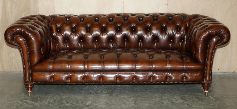 We are delighted to offer for sale this very fine, fully restored, original circa 1860-1880 James Jas Shoolbred Antique Victorian hand dyed brown leather Chesterfield club sofa

A very high quality, original Victorian sofa, purchased by my client