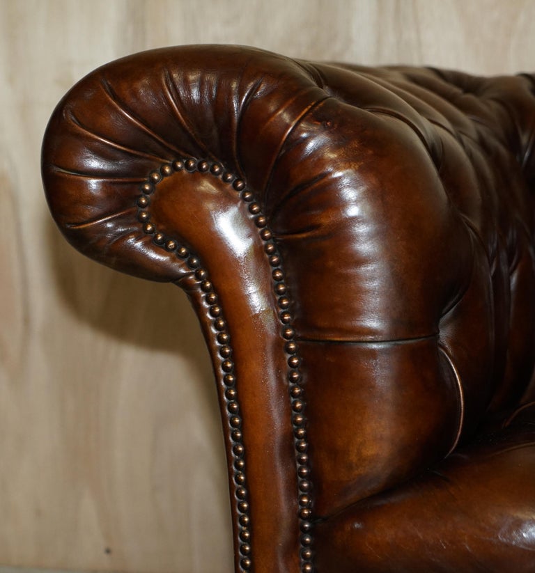 English Fine Antique circa 1860 Jas Shoolbred Restored Brown Leather Chesterfield Sofa For Sale