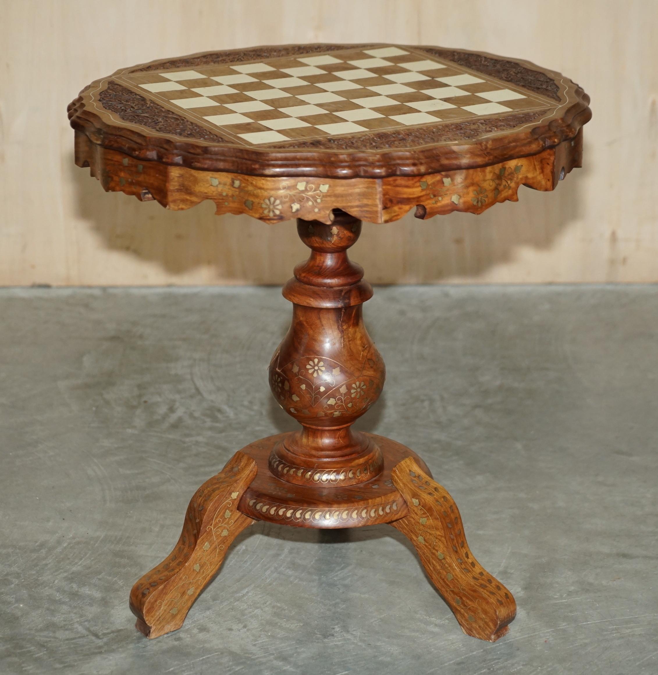 Fine Antique circa 1880 Anglo Indian Hardwood Brass Inlaid Chess Games Table 12
