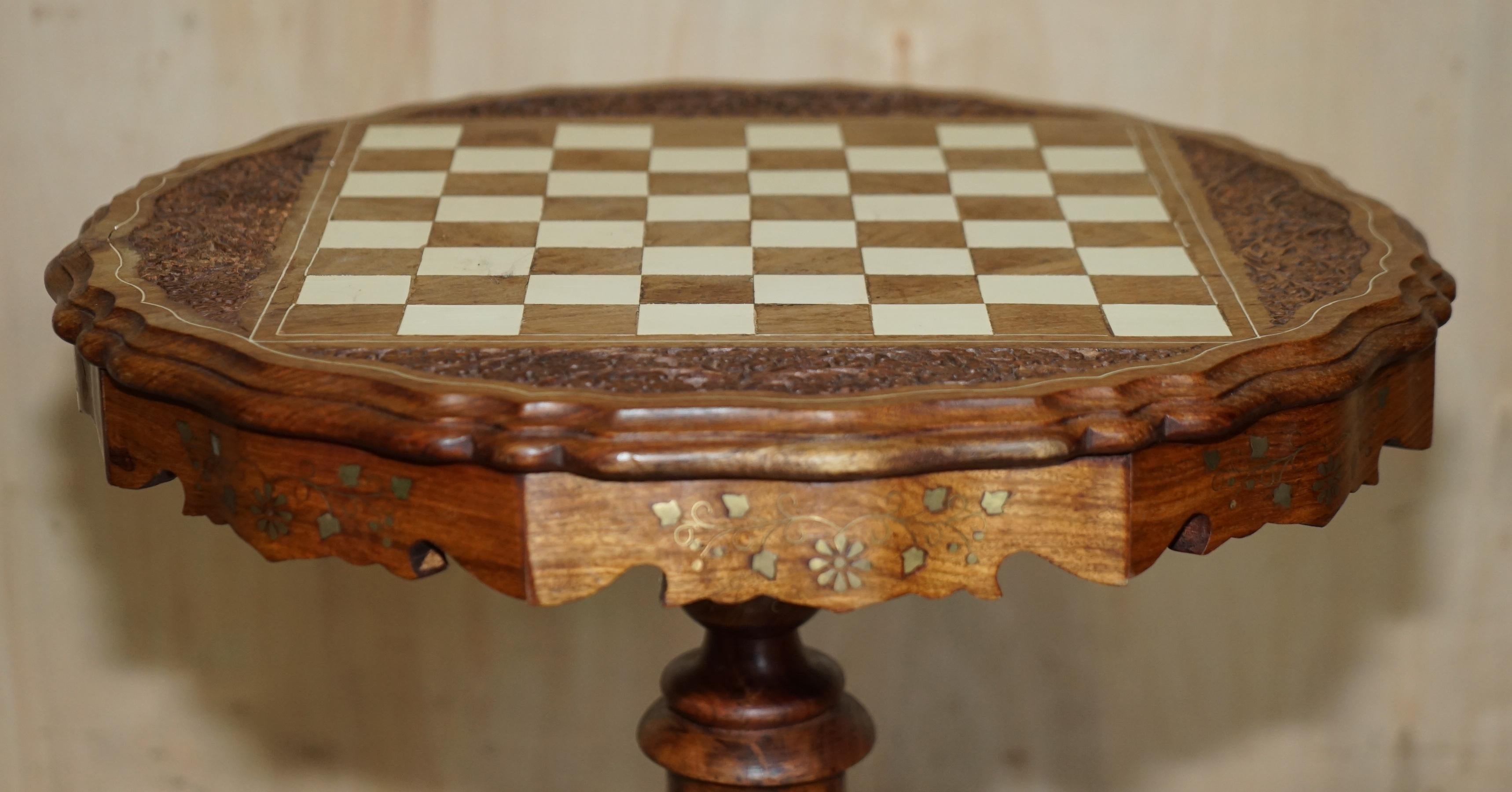 Burmese Fine Antique circa 1880 Anglo Indian Hardwood Brass Inlaid Chess Games Table