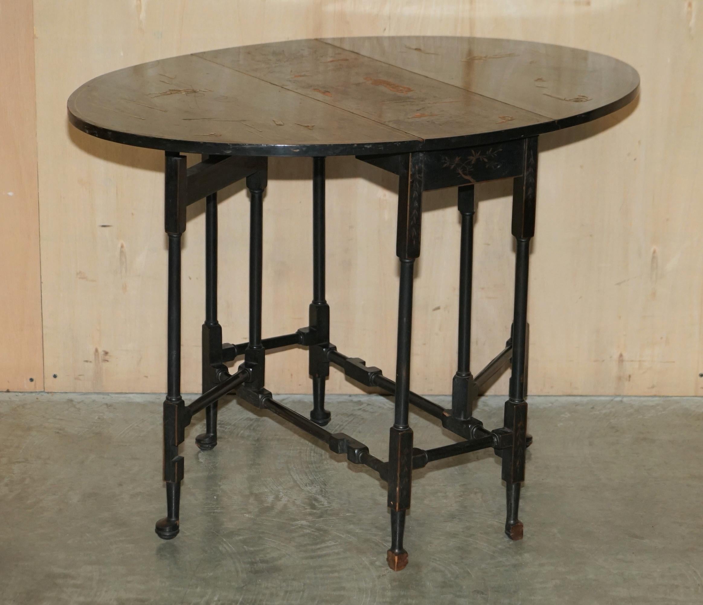 Fine Antique circa 1880 Chinese Chinoiserie Lacquered Gateleg Sutherland Table For Sale 2