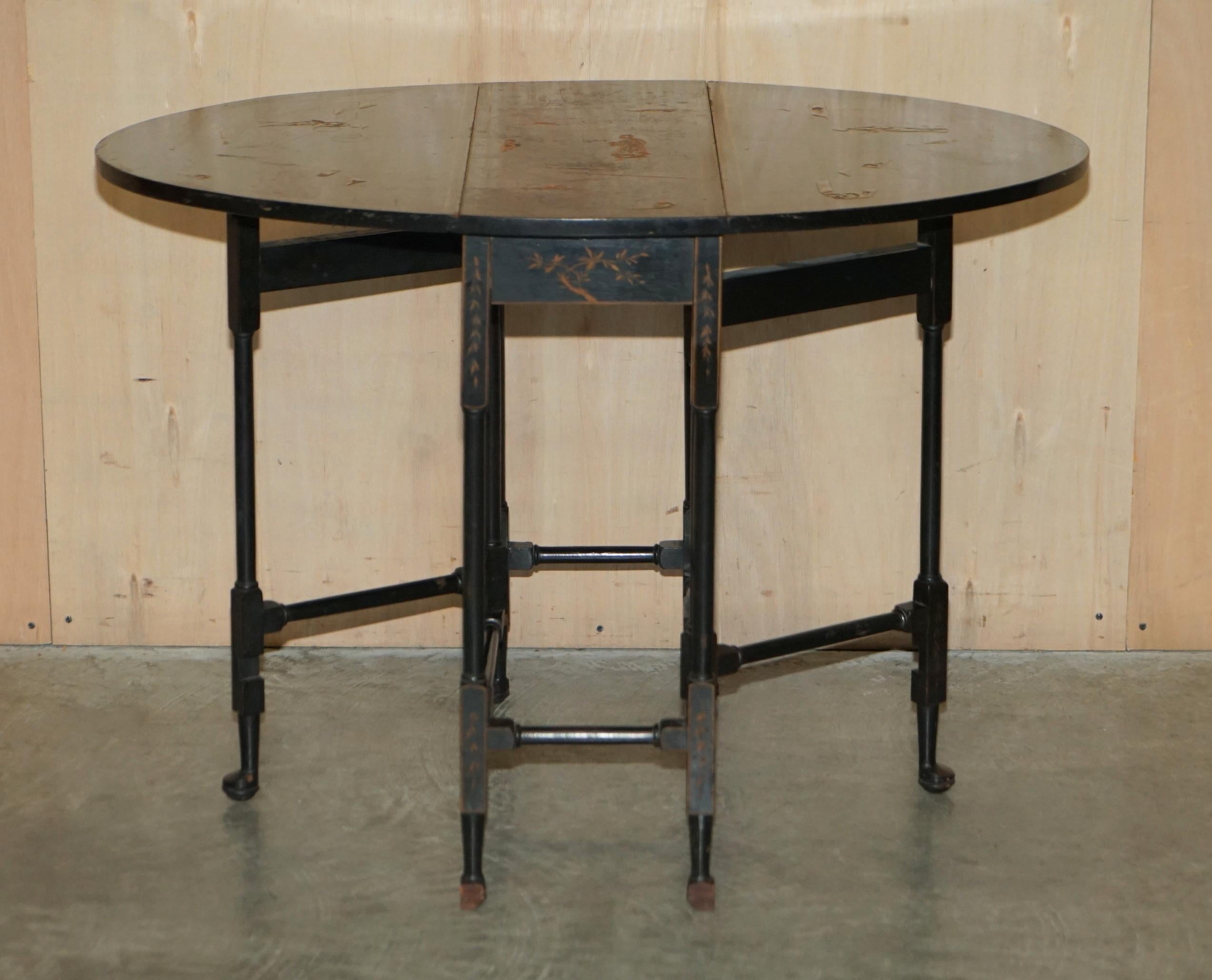 Fine Antique circa 1880 Chinese Chinoiserie Lacquered Gateleg Sutherland Table For Sale 3