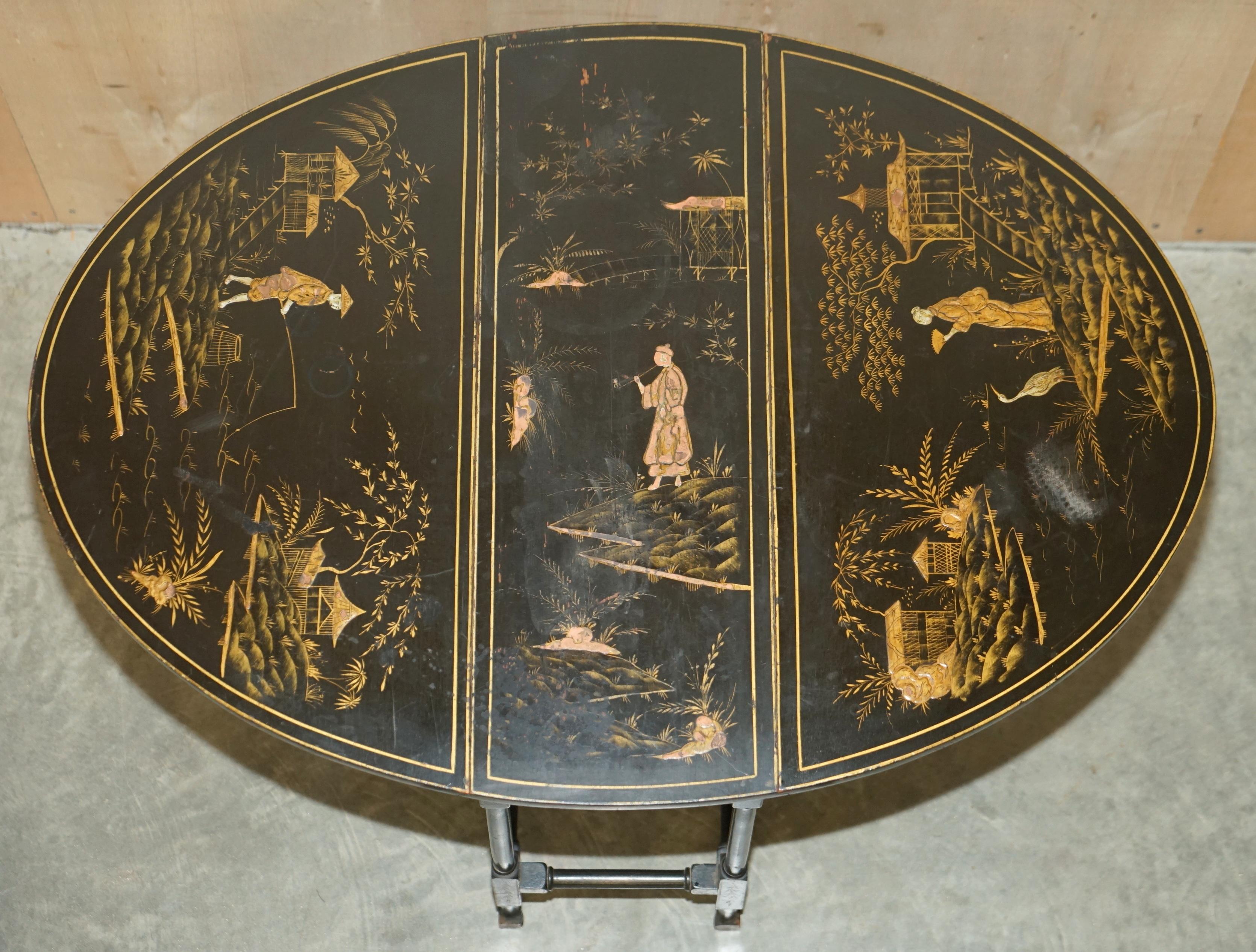 Fine Antique circa 1880 Chinese Chinoiserie Lacquered Gateleg Sutherland Table For Sale 5