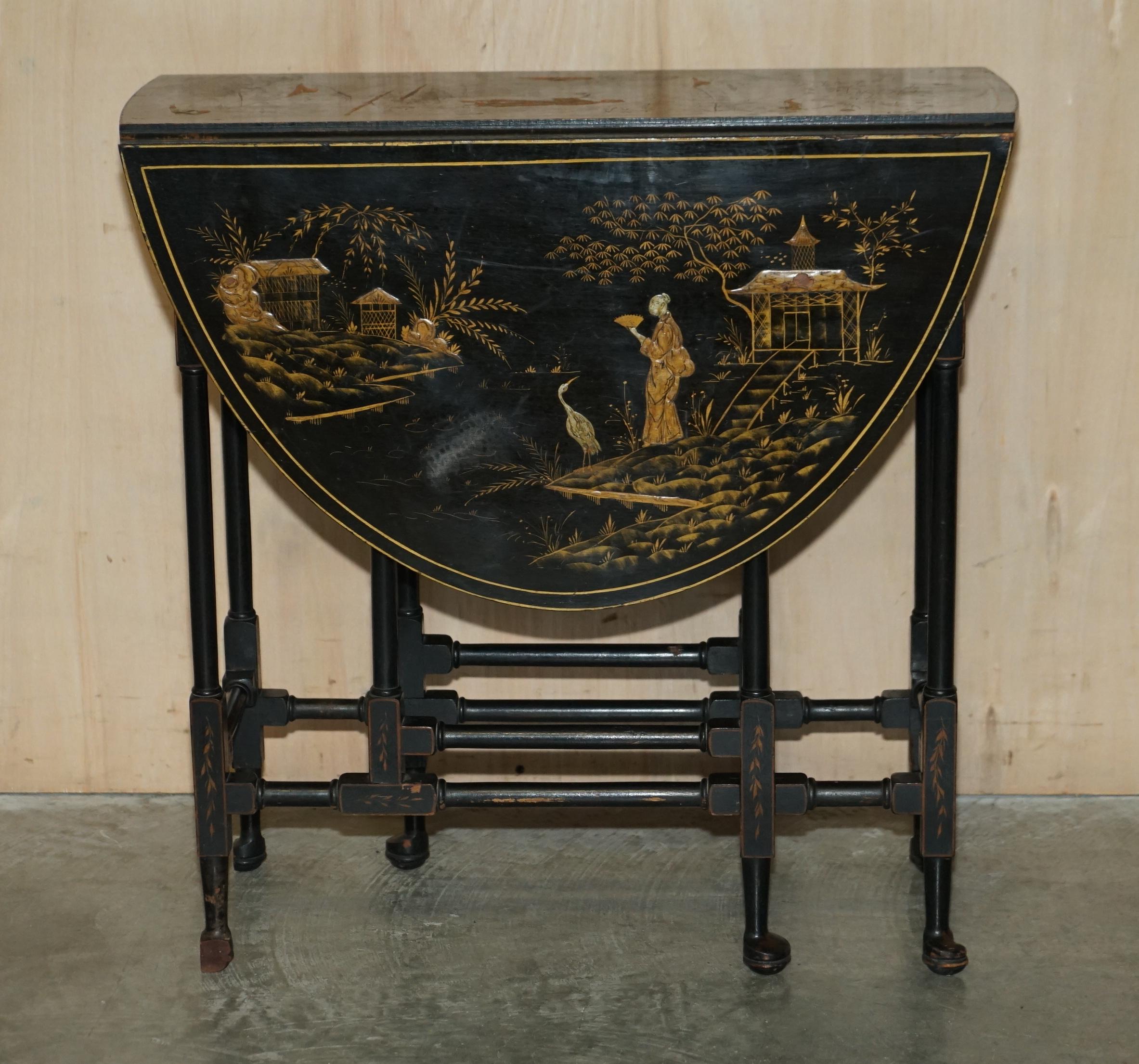 Oak Fine Antique circa 1880 Chinese Chinoiserie Lacquered Gateleg Sutherland Table For Sale