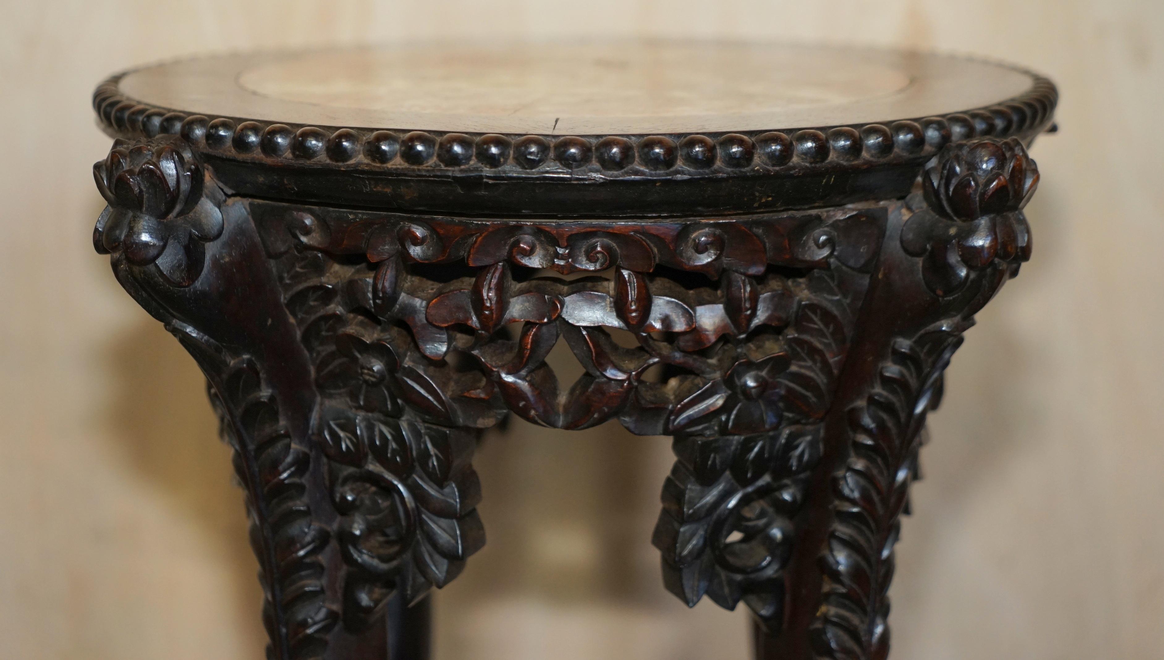 Fine Antique circa 1880 Heavily Carved Hardwood & Marble Chinese Side End Table 11