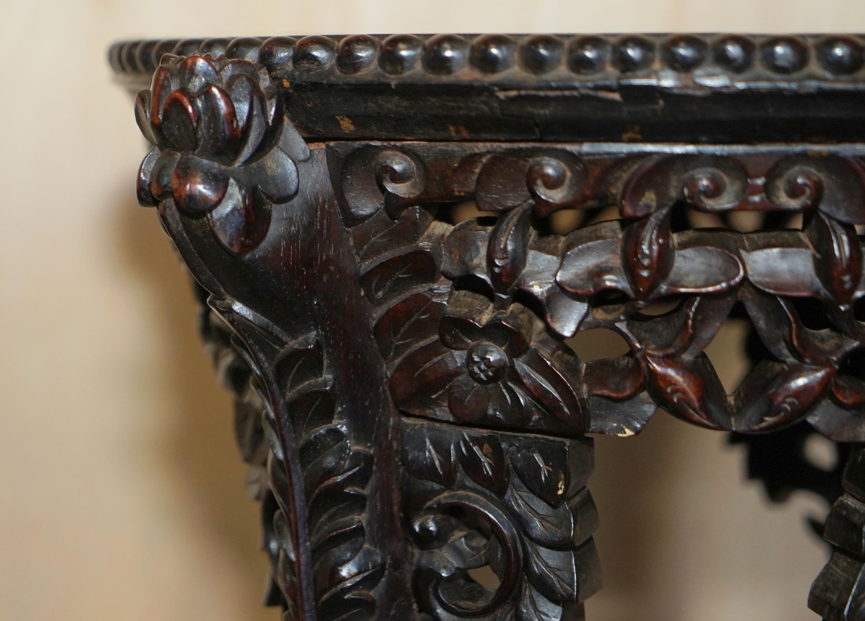 Hand-Crafted Fine Antique circa 1880 Heavily Carved Hardwood & Marble Chinese Side End Table