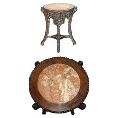 Fine Antique circa 1880 Heavily Carved Hardwood & Marble Chinese Side End Table